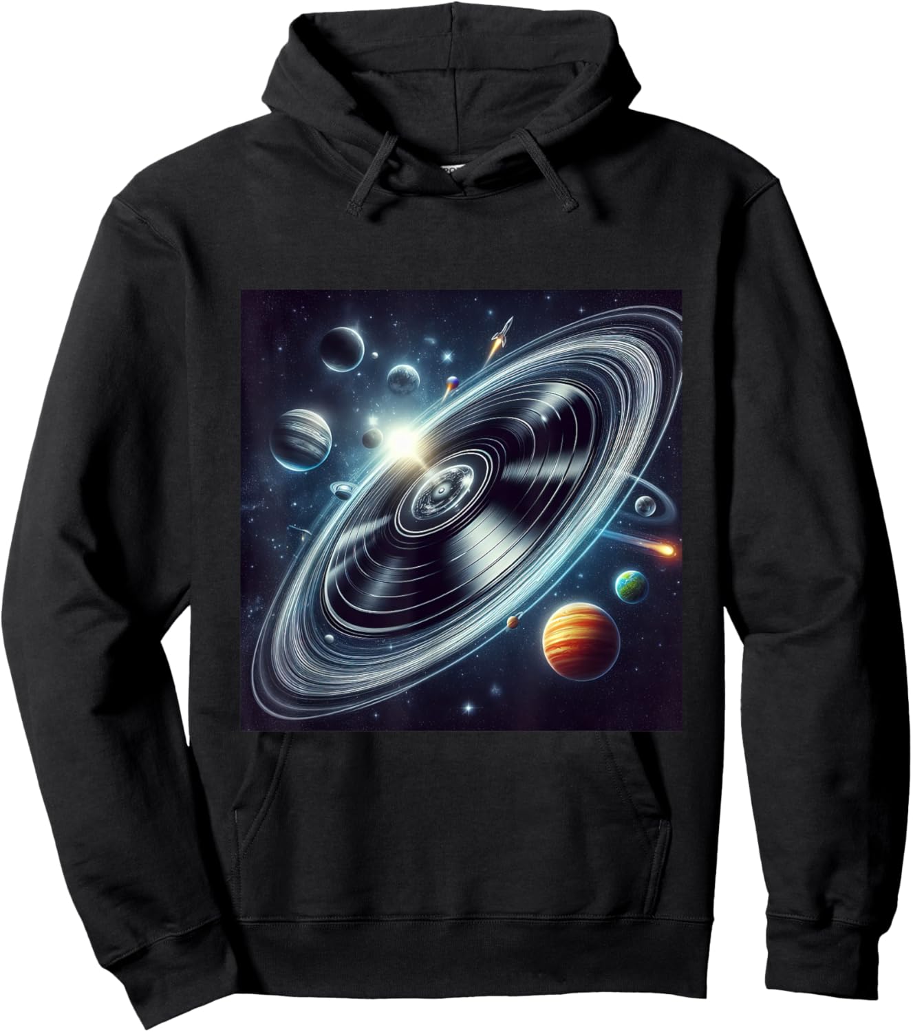 Vinyl Record Orbiting Through Space Cosmic Trails Planets Hoodie - Hoodie | Black