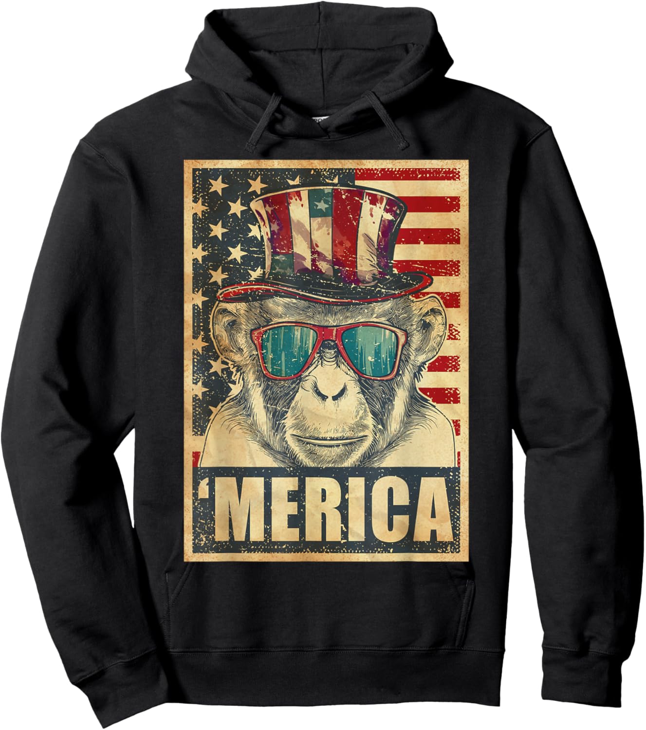 Monkey Merica Vintage American Flag 4th Of July Hoodie - Hoodie | Black