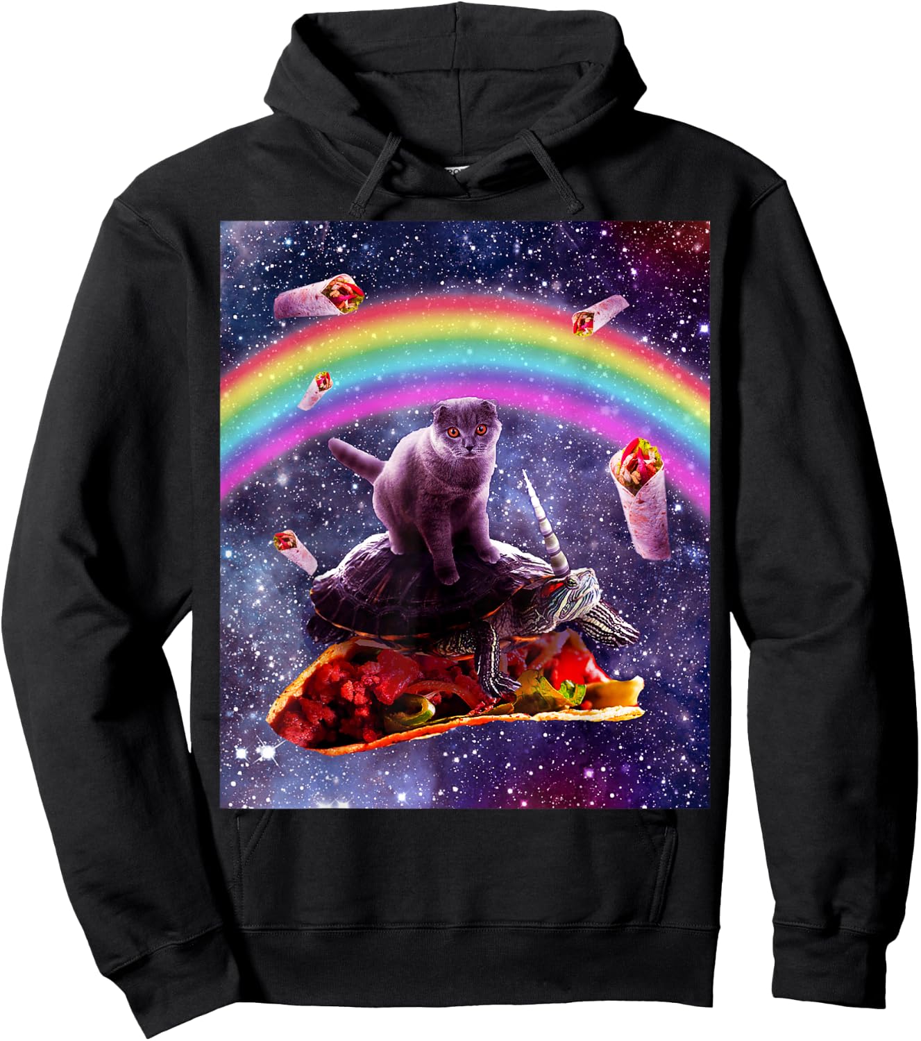 Space Cat Riding Turtle Unicorn - Taco & Burrito Hoodie - Hoodie | Black