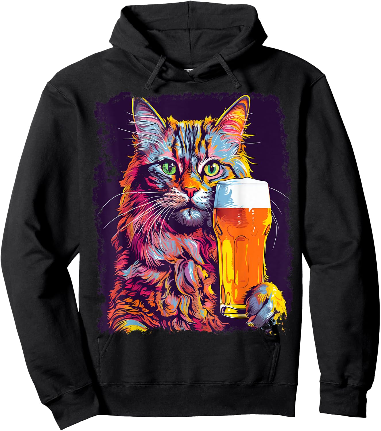Noah&Friends Cat Drinking Beer -Adults Black Small Classic Fit U-Neck Hoodie - Hoodie | Black