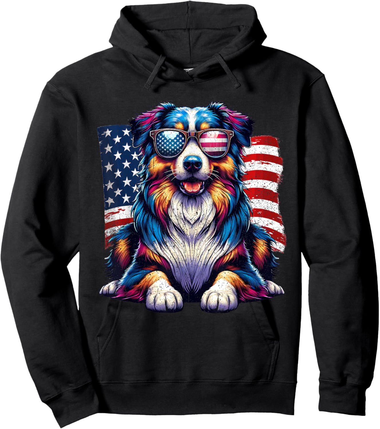 Vintage Australian Shepherd American Flag Pets Dogs USA US Hoodie - Hoodie | Black