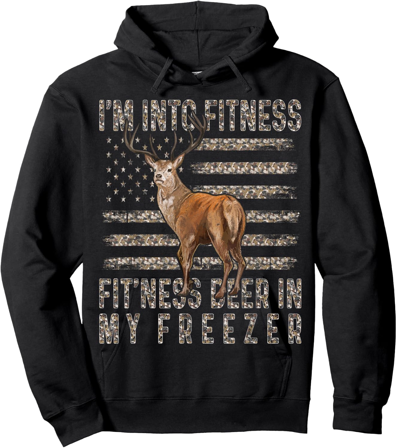 I'm Into Fitness Fitness Deer In My Freezer USA Camo Flag Hoodie - Hoodie | Black