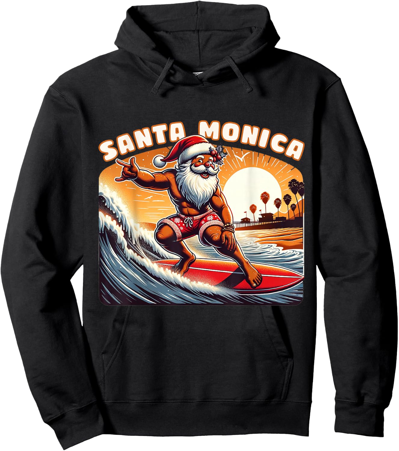 Santa Monica Claus Christmas Santa Monica California Surfer Hoodie - Hoodie | Black