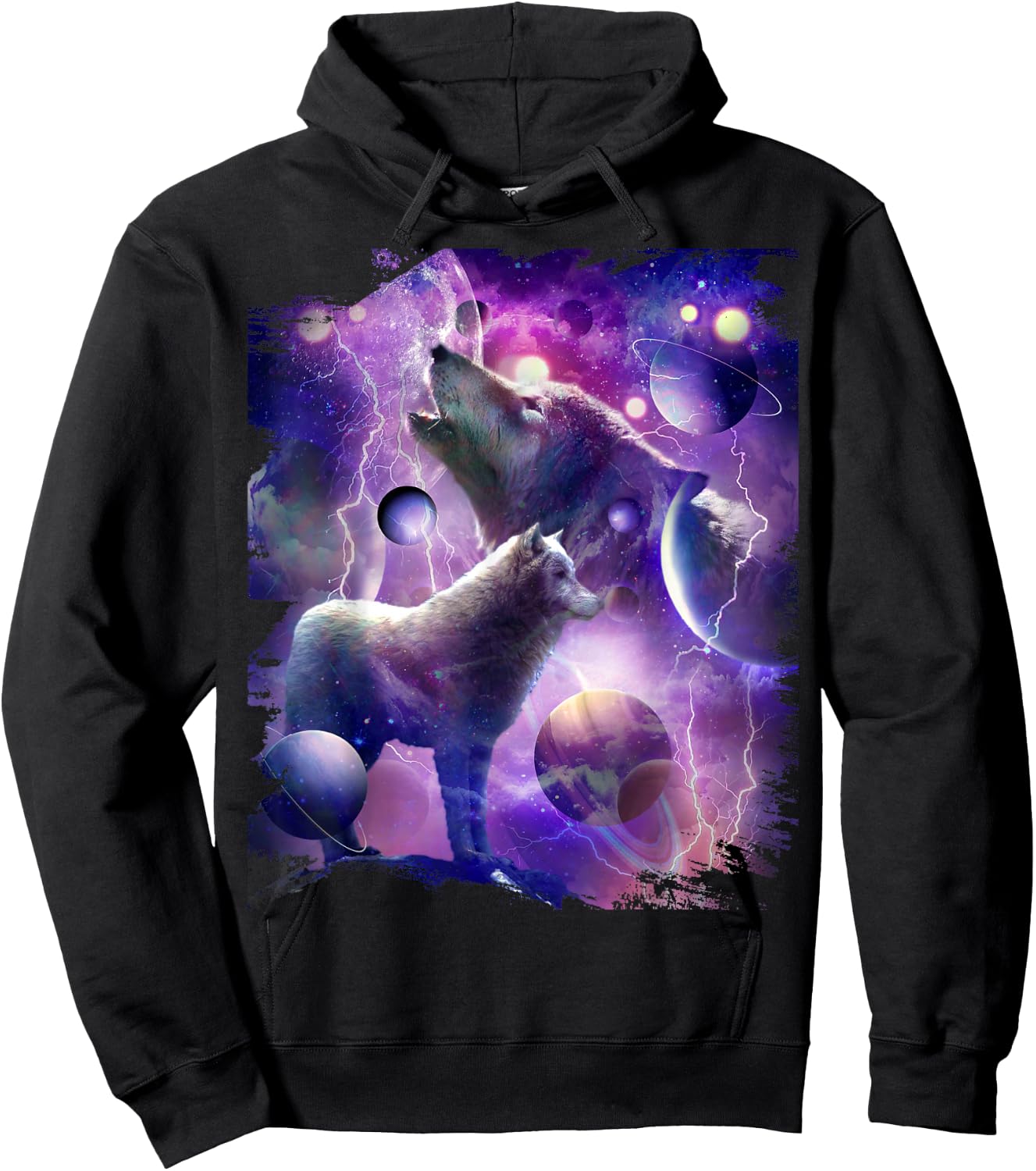 Cosmic Wolf Howling at Moon in Space Hoodie - Hoodie | Black