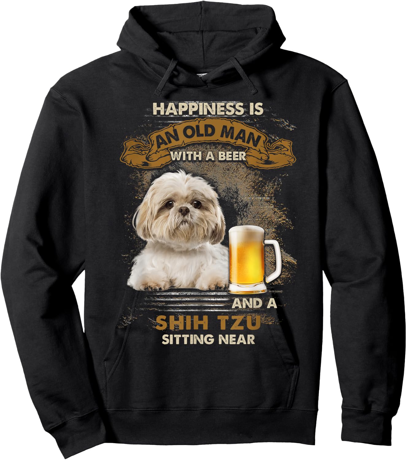 Happiness is an old man with a beer and a shih tzu Hoodie - Hoodie | Black