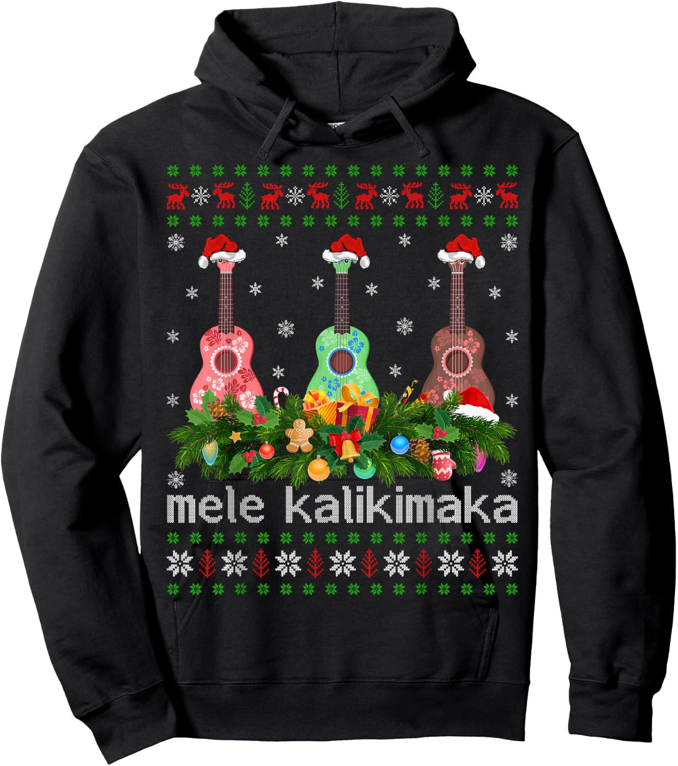 Mele Kalikimaka Ukulele Guitar Gift Ugly Ukulele Christmas Hoodie - Hoodie | Black