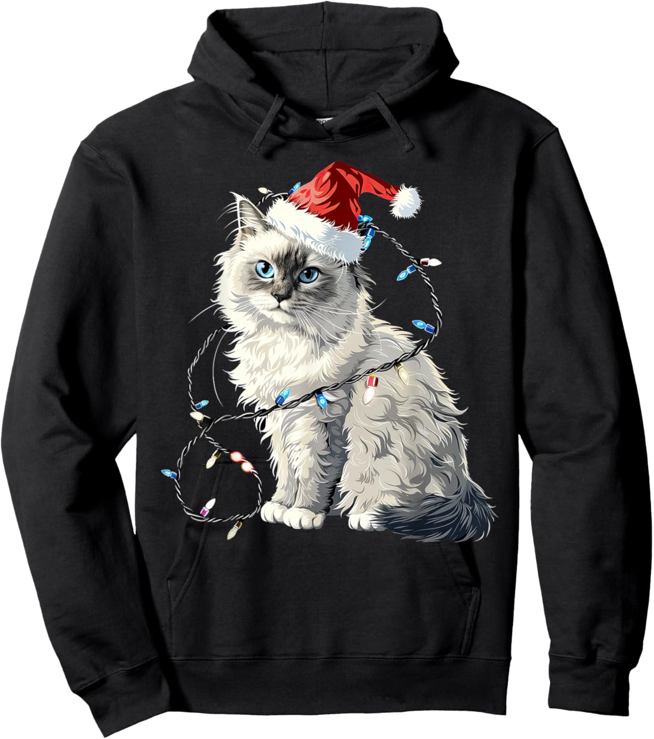 Cute Ragdoll Cat Santa Hat Christmas Lights Feline Hoodie - Hoodie | Black