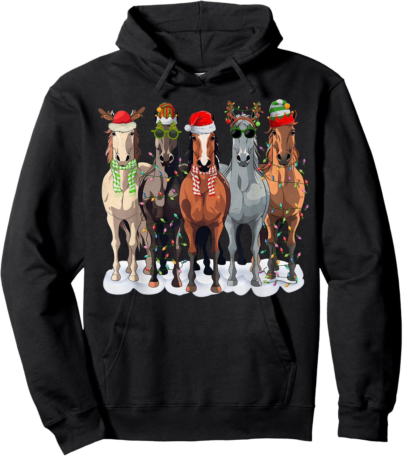 Merry Christmas Horse Western Santa Hat Xmas Lights Pajama Hoodie - Hoodie | Black