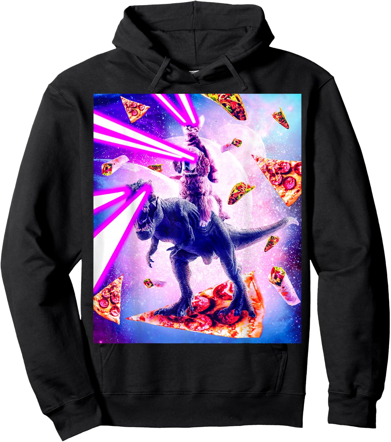 Laser Eyes Space Cat Riding Dog And Dinosaur Hoodie - Hoodie | Black