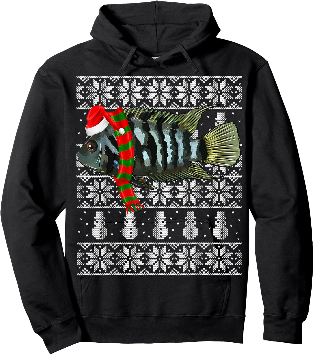 Fish Xmas Santa Hat Convict Cichlids Ugly Christmas Hoodie - Hoodie | Black