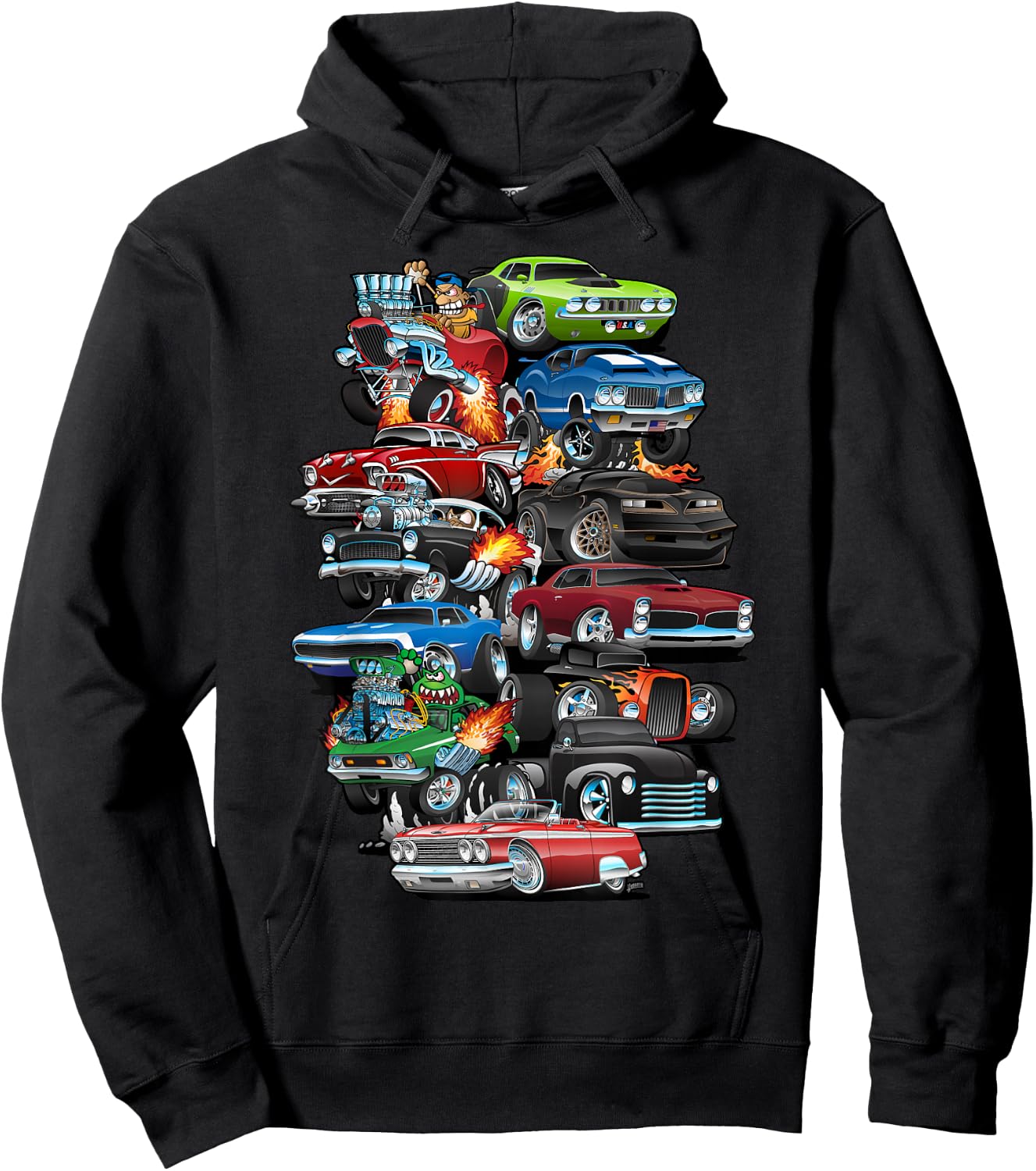 Car Madness! Muscle Cars, Classic Cars and Hotrods Cartoon Hoodie - Hoodie | Black