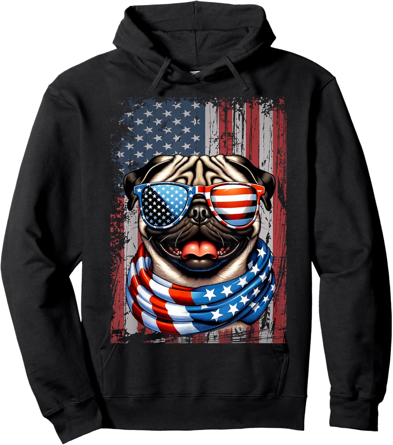 Pug Dog Lover US Flag 4th of July Patriotic Hoodie - Hoodie | Black