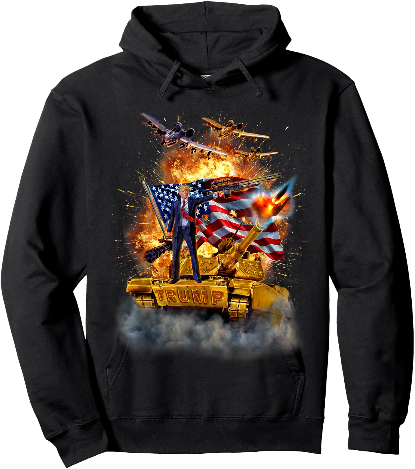 President Donald Trump Rides a Golden Tank Hoodie - Hoodie | Black