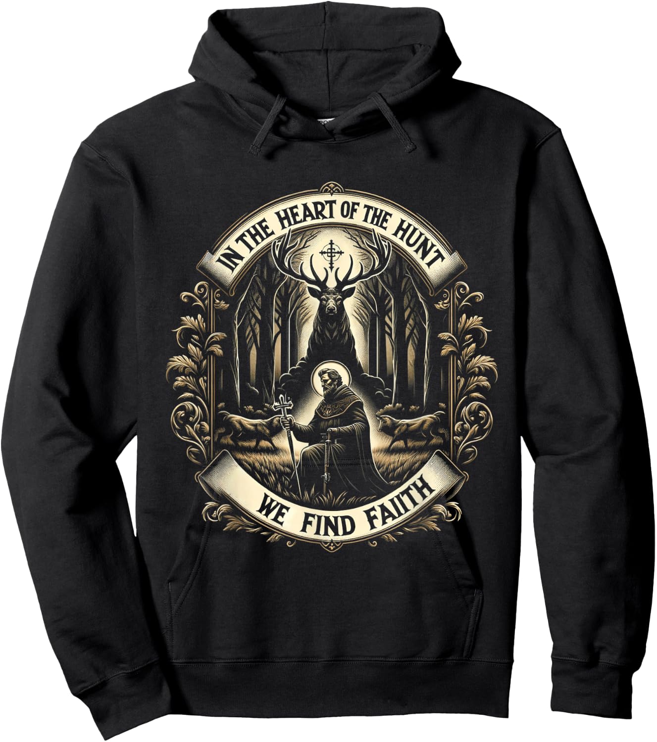 St. Hubertus Patron Hunter & Stag - Christian Faith Hoodie - Hoodie | Black