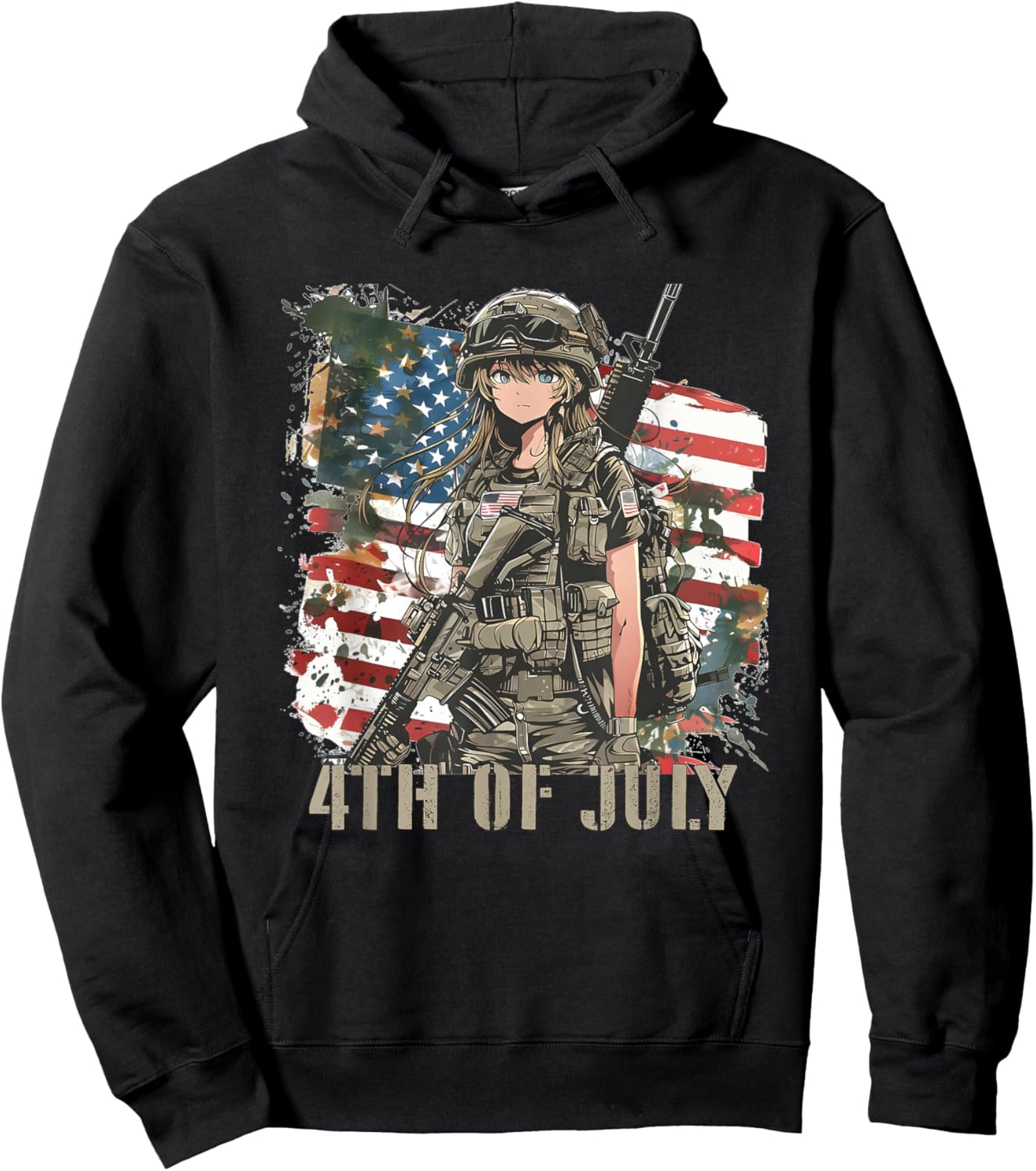 4th Of July Military Anime Girl Patriotic Kid Women USA Flag Hoodie - Hoodie | Black