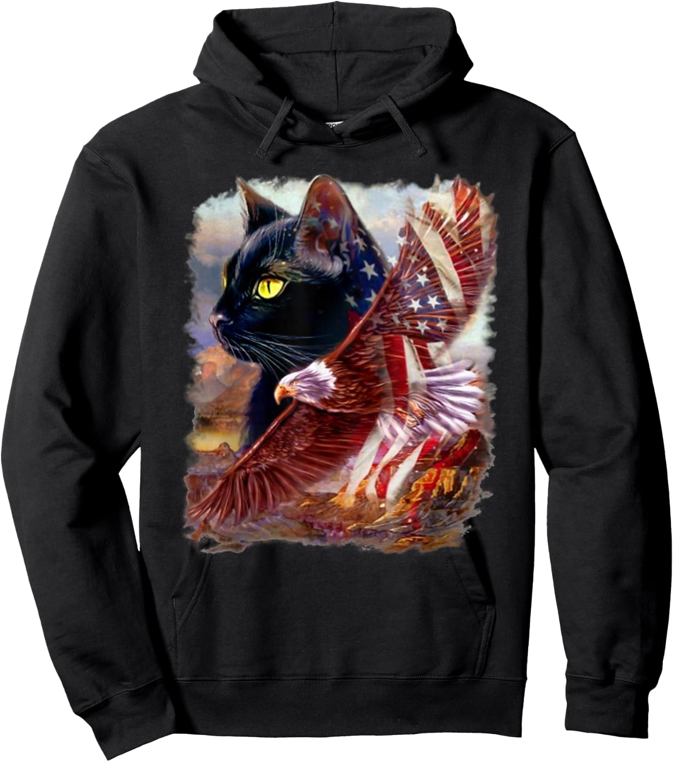 Black Cat Kitten American Flag Eagle 4th July Independence Men Hoodie - Hoodie | Black