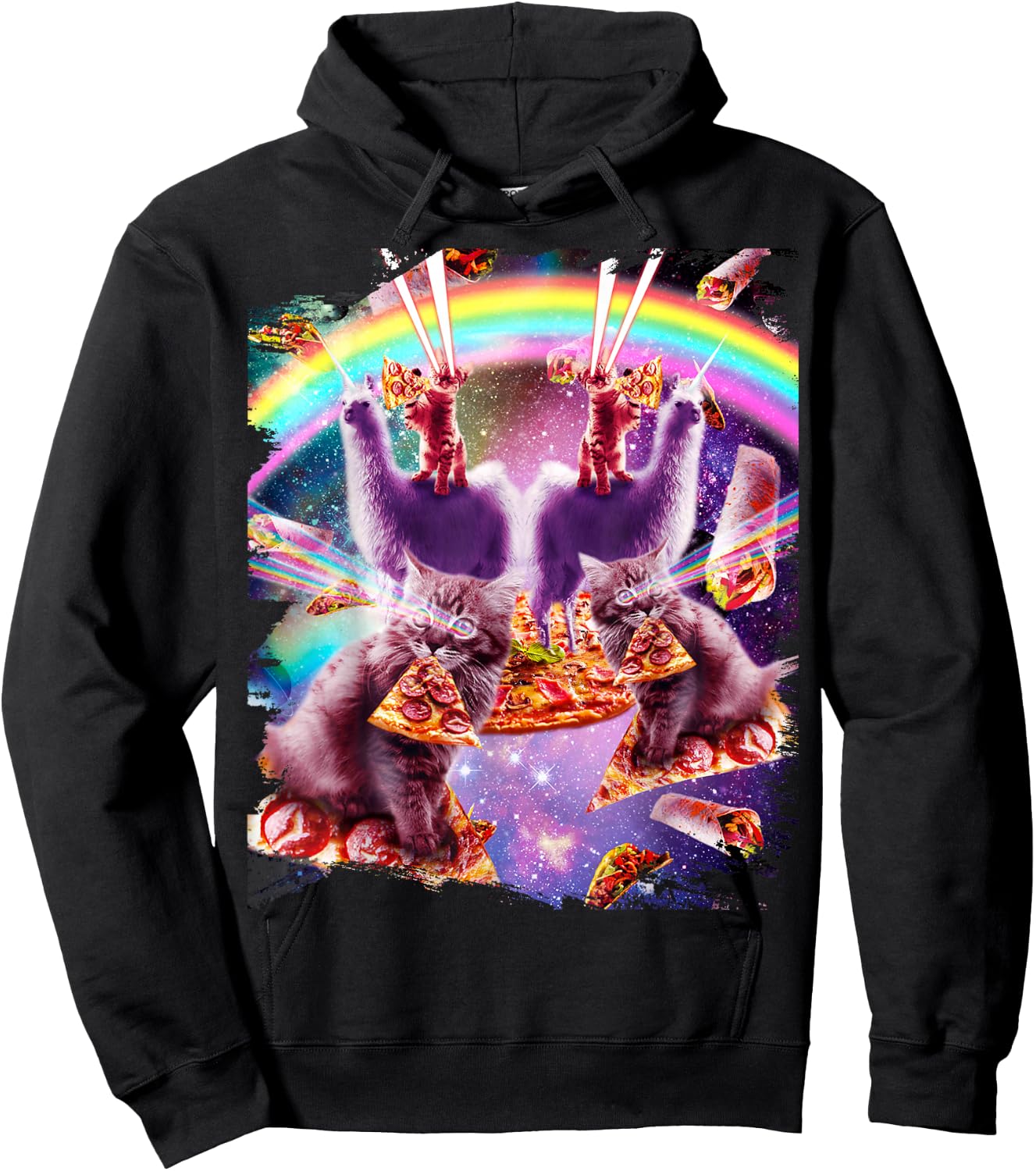 Laser Pizza Cat On Llama, Lazer Kitty Cats In Rainbow Space Hoodie - Hoodie | Black