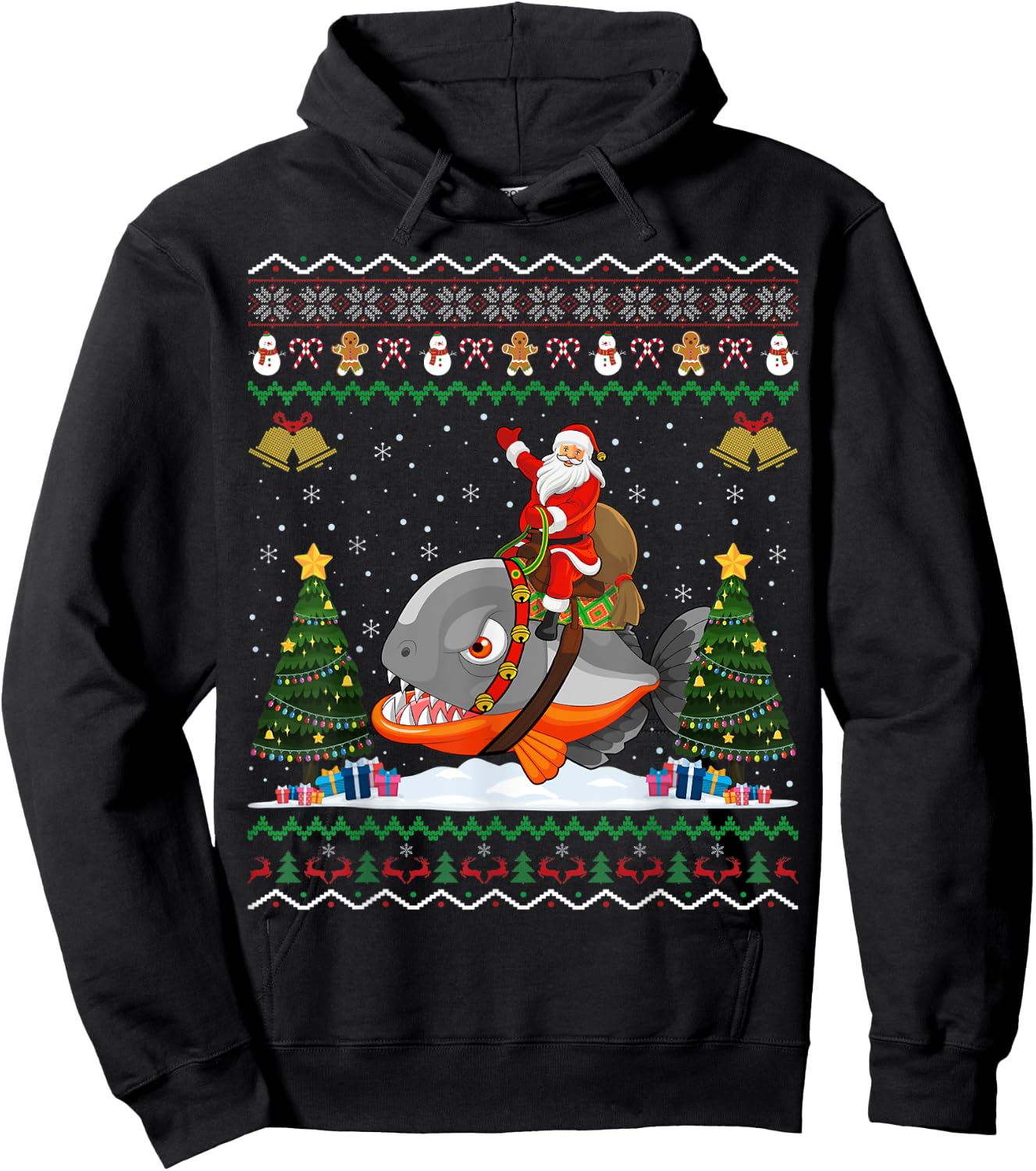 Piranha Ugly Xmas Gift Santa Riding Piranha Christmas Hoodie - Hoodie | Black