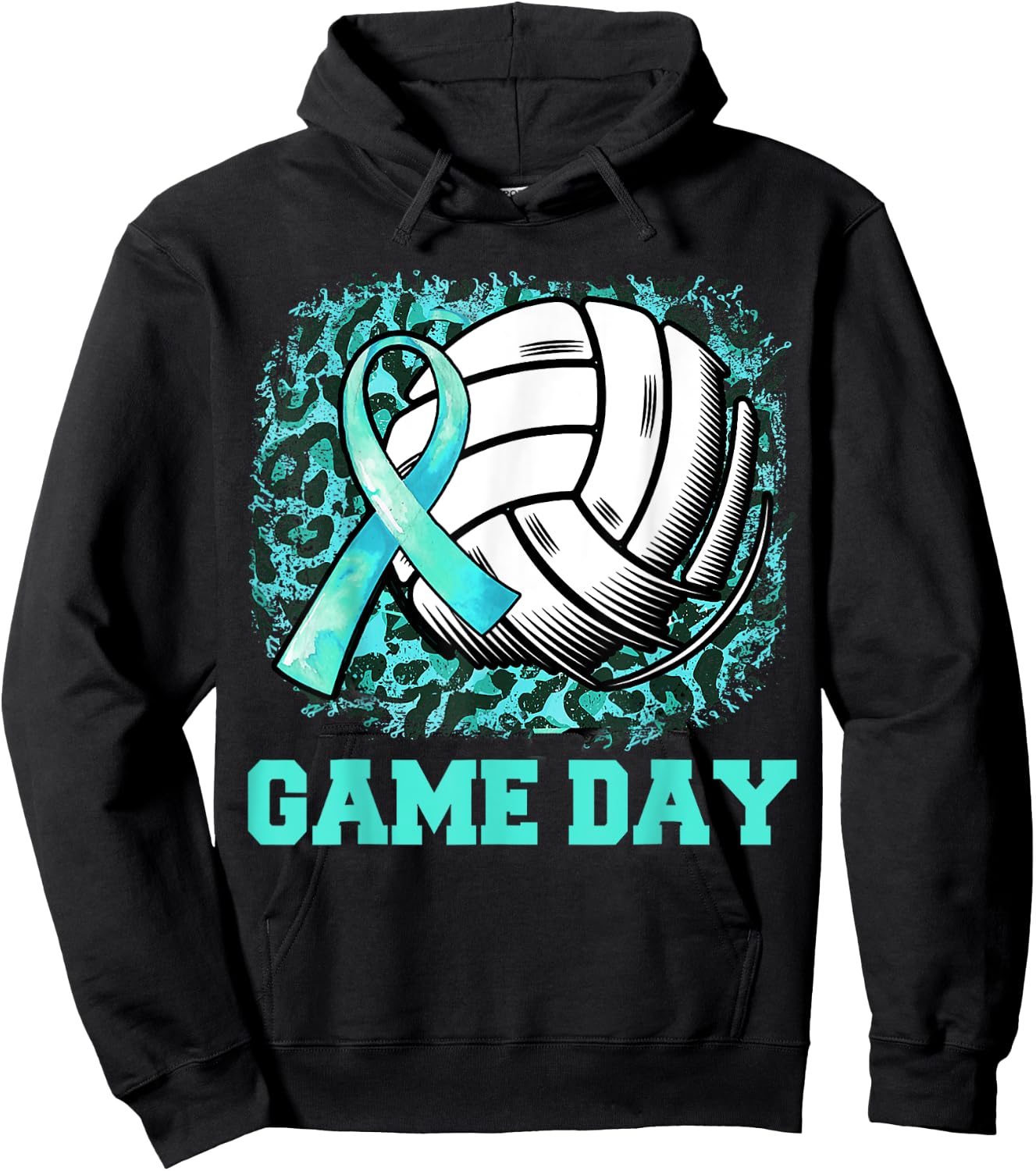 Game Day Cervical Cancer Awareness Ribbon Teal Volleyball Hoodie - Hoodie | Black