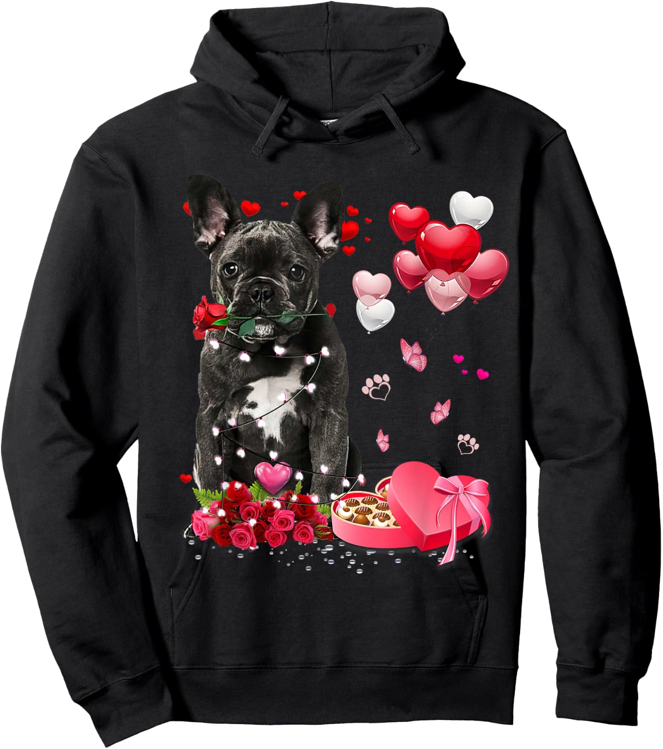 Funny French Bulldog Rose Heart Happy Valentine Day Dog Mom Hoodie - Hoodie | Black