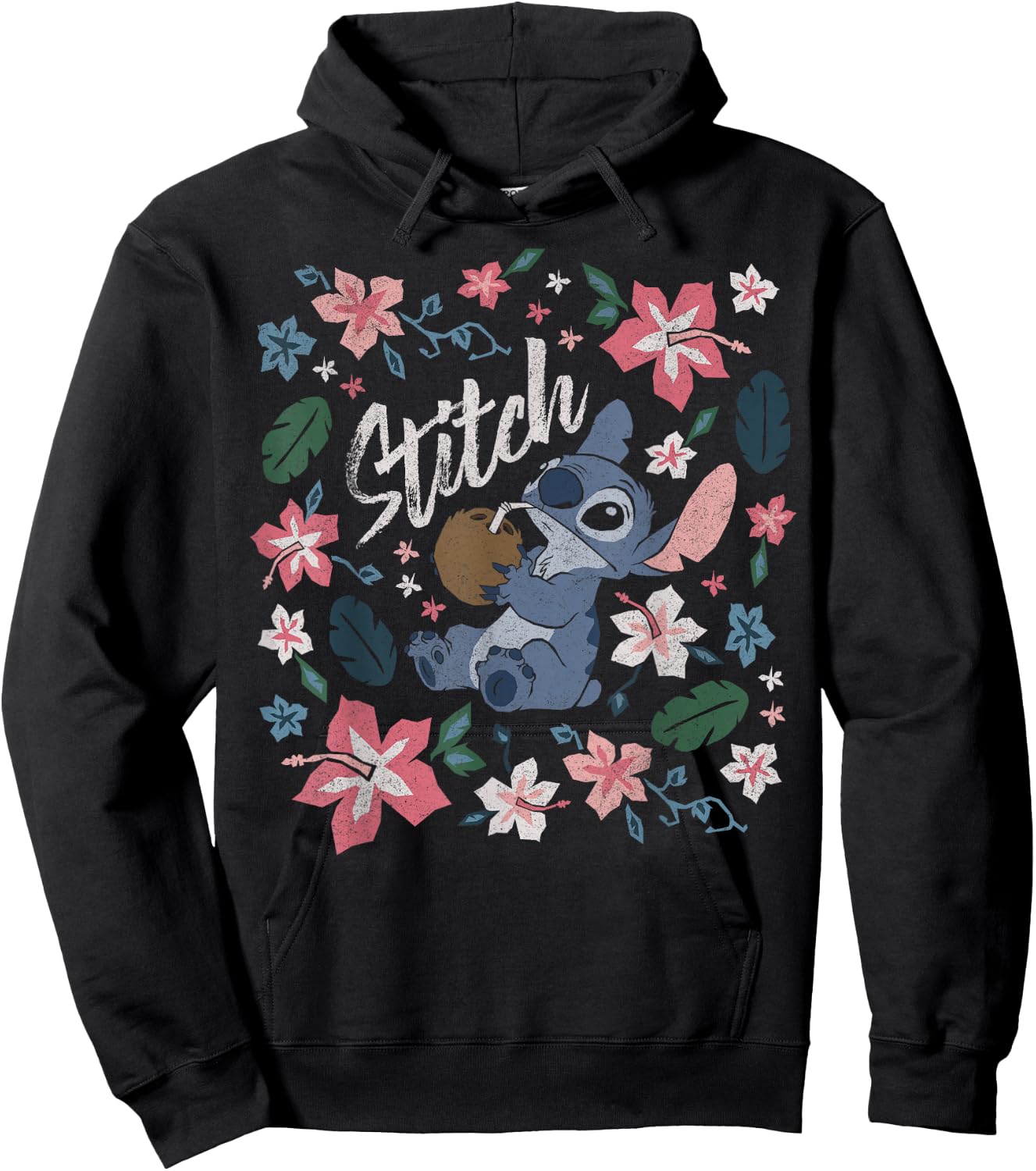 Disney Lilo & Stitch Floral Stitch Coconut Portrait Short Sleeve Hoodie - Hoodie | Black