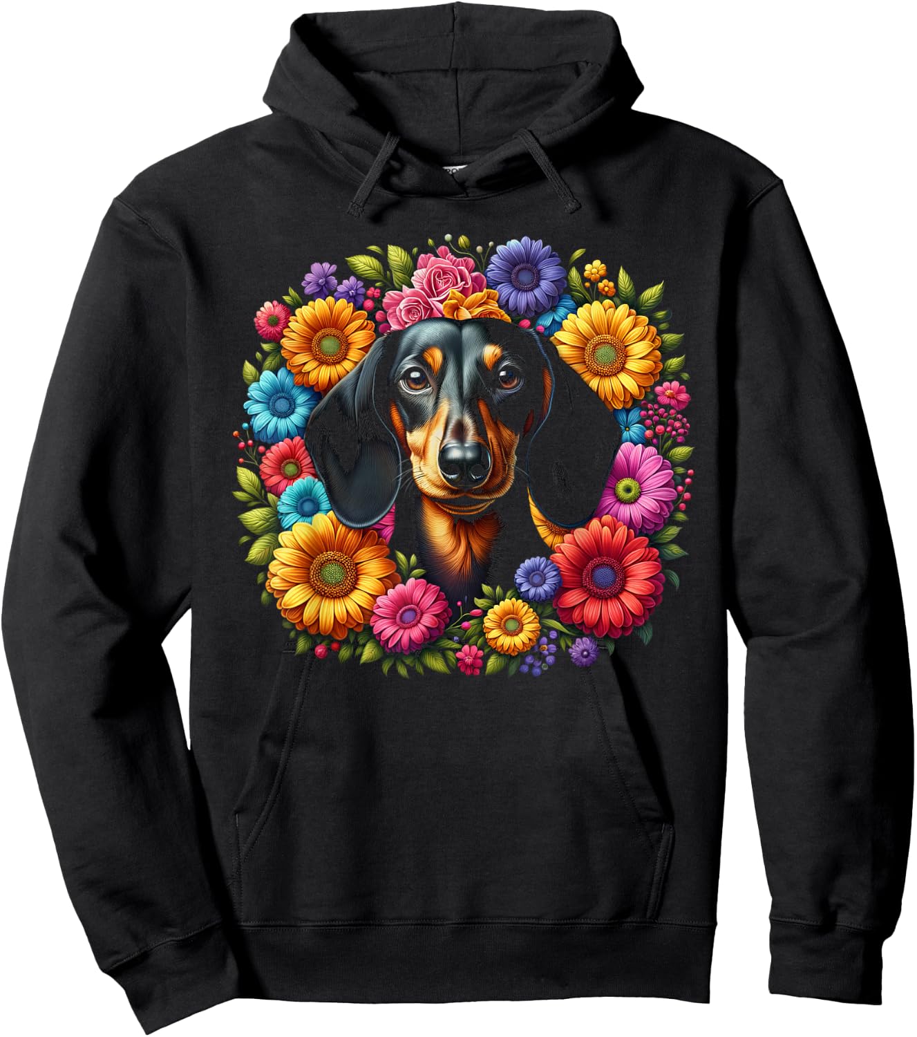 Cute Dachshund with Colourful Flowers Hoodie - Hoodie | Black