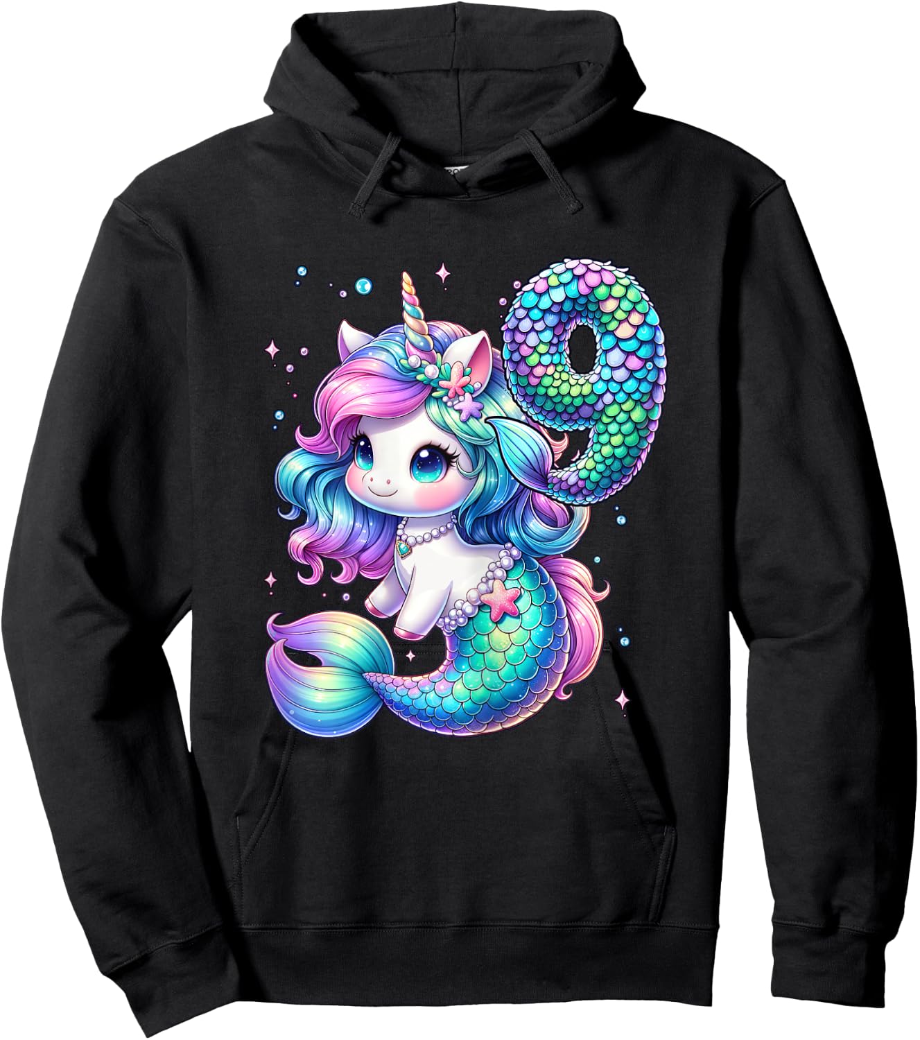 Unicorn Mermaid 9th Birthday 9 Year Old Party Girls Outfit Hoodie - Hoodie | Black