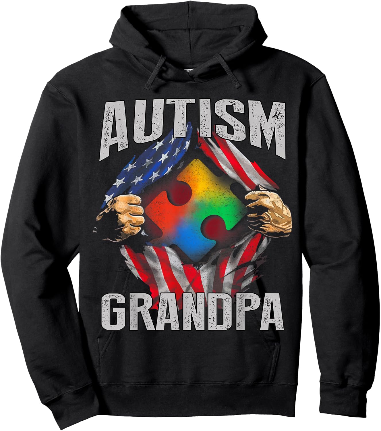 Autism Grandpa American Flag Autism Awareness Hoodie - Hoodie | Black