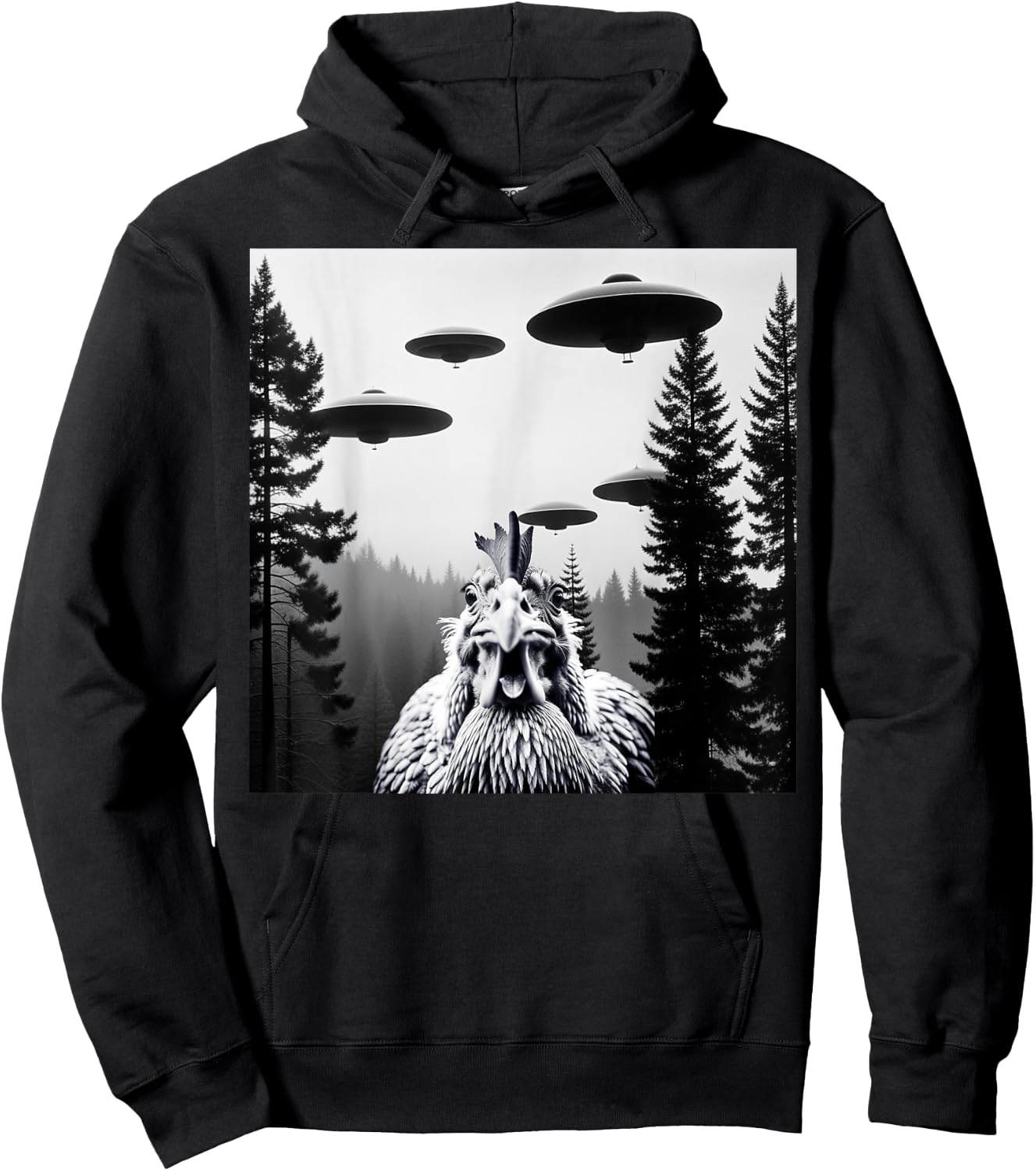 Funny Chicken With Alien UFO Spaceship. Chicken And Alien Hoodie - Hoodie | Black