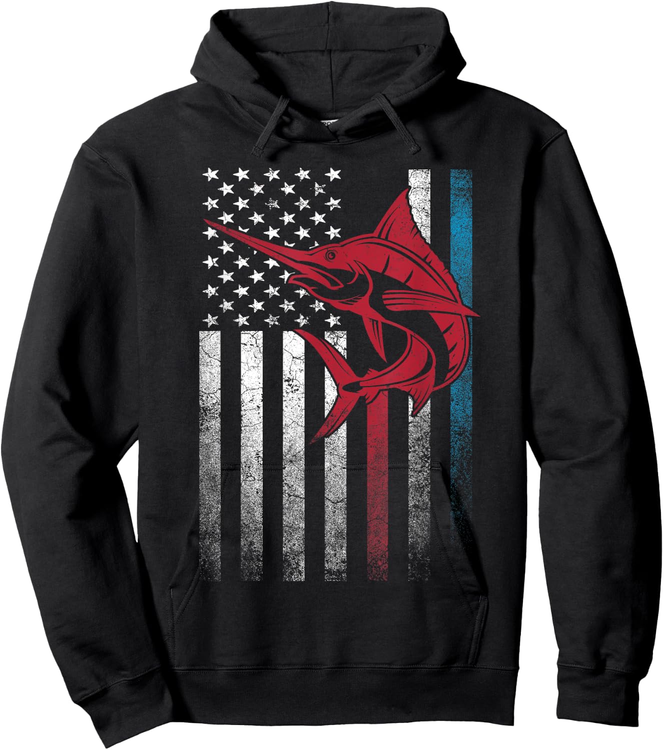 Fishing Marlin Swordfish Fish 4th of July American Flag USA Women Kids Men Hoodie - Hoodie | Black