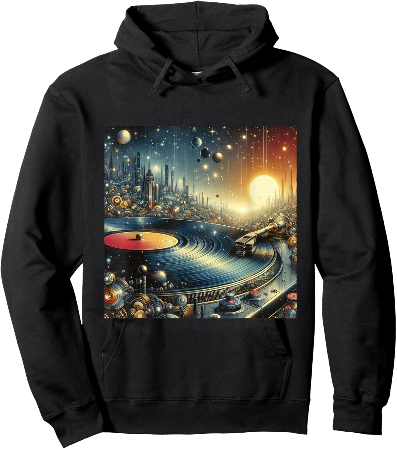 Futuristic Space City Vinyl Record Player Sci-Fi Cityscape Hoodie - Hoodie | Black