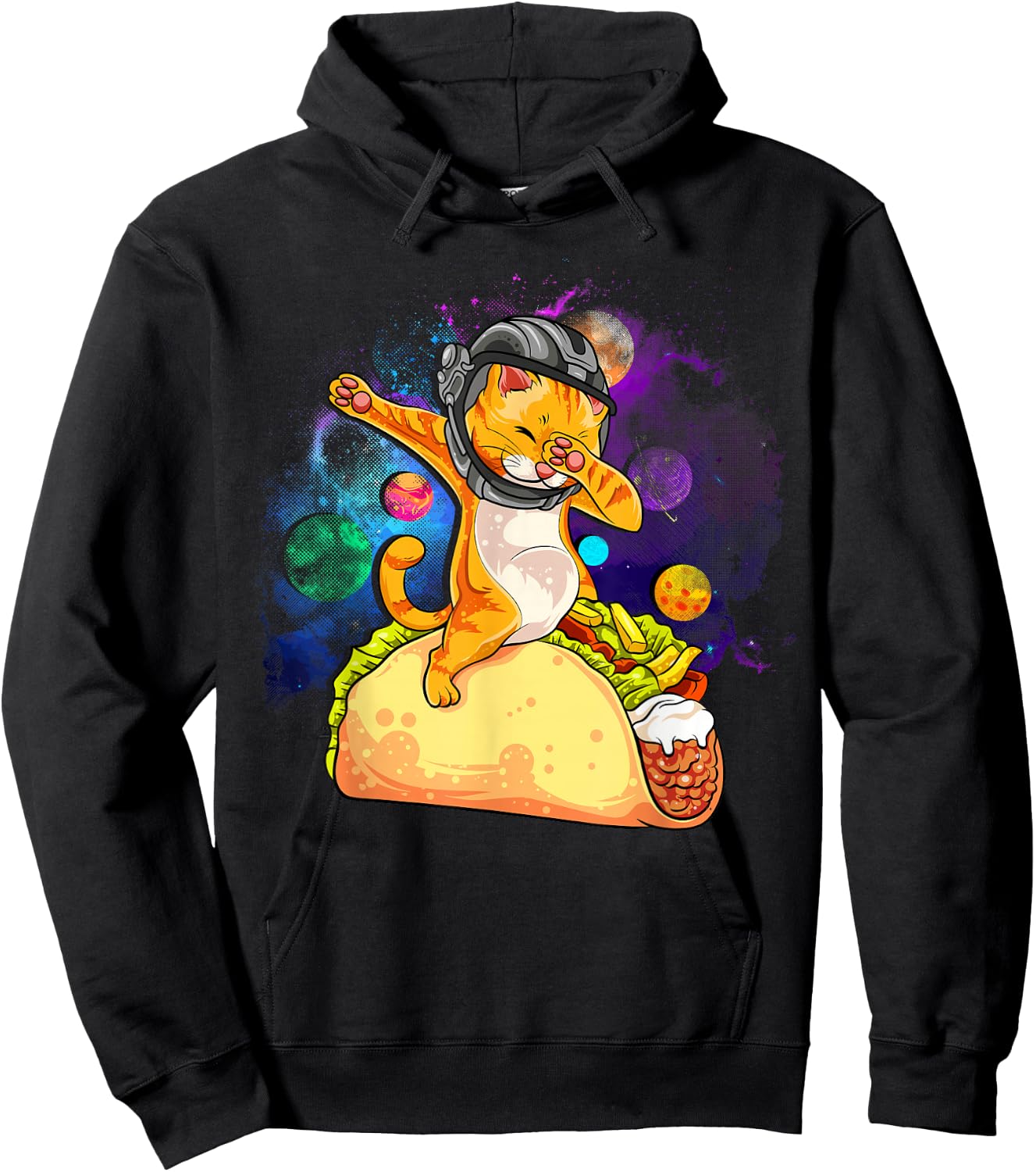 Funny Dabbing Cat Astronaut In Space Riding Taco Hoodie - Hoodie | Black
