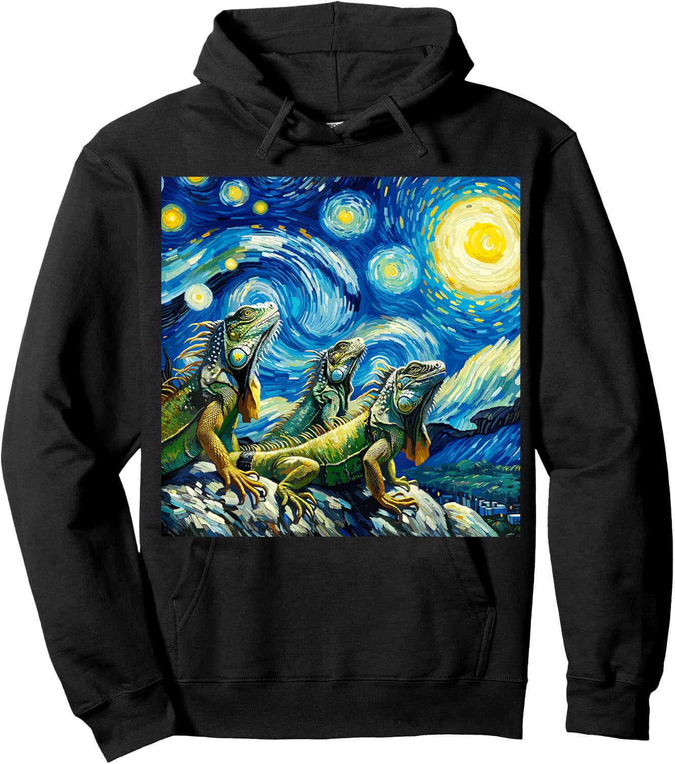 Iguana Motif Lizard Three Lizards Moon Howling Starry Night Hoodie - Hoodie | Black