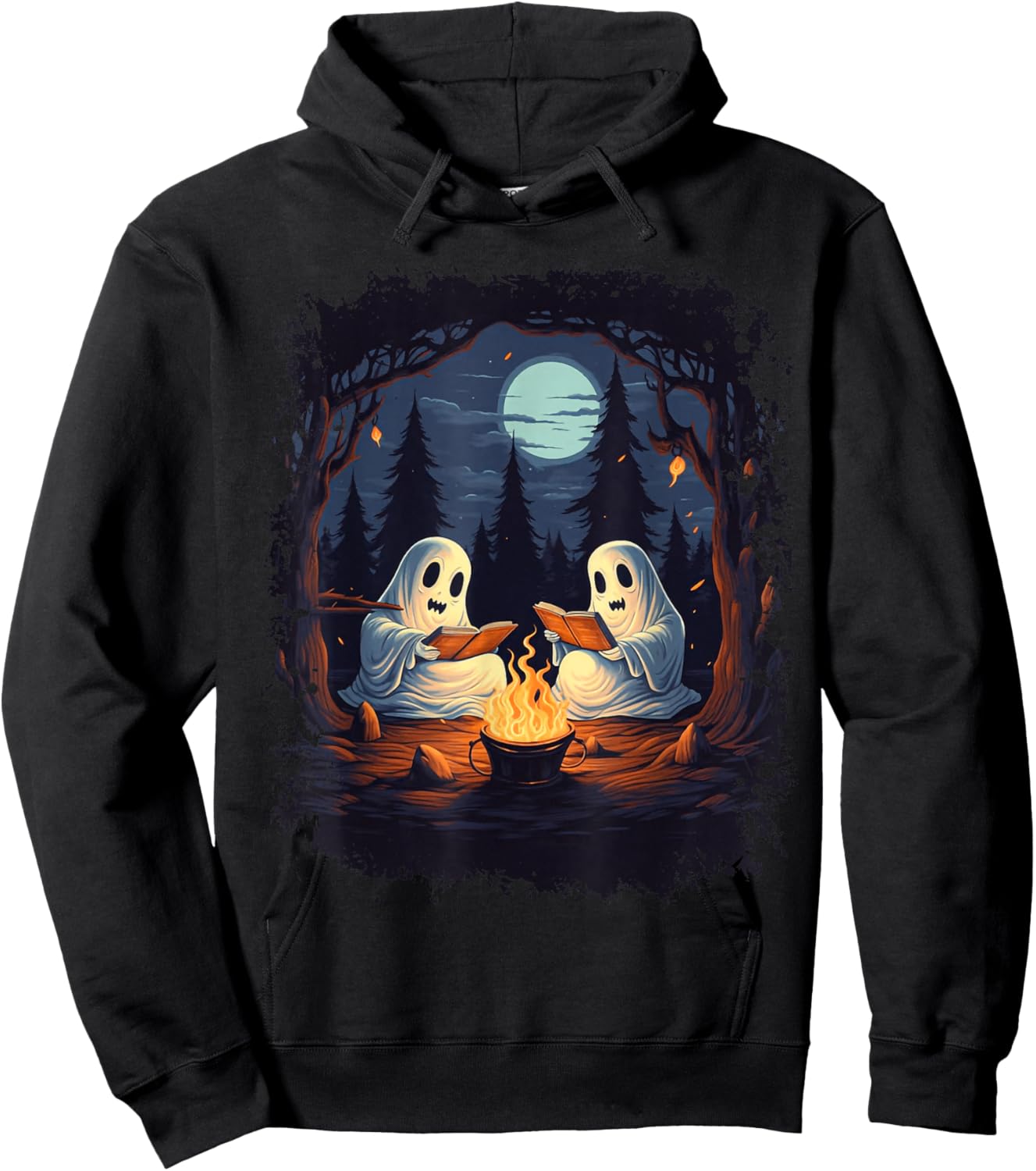 Retro Ghost Reading Books Camping Campfire Gothic Halloween Hoodie - Hoodie | Black