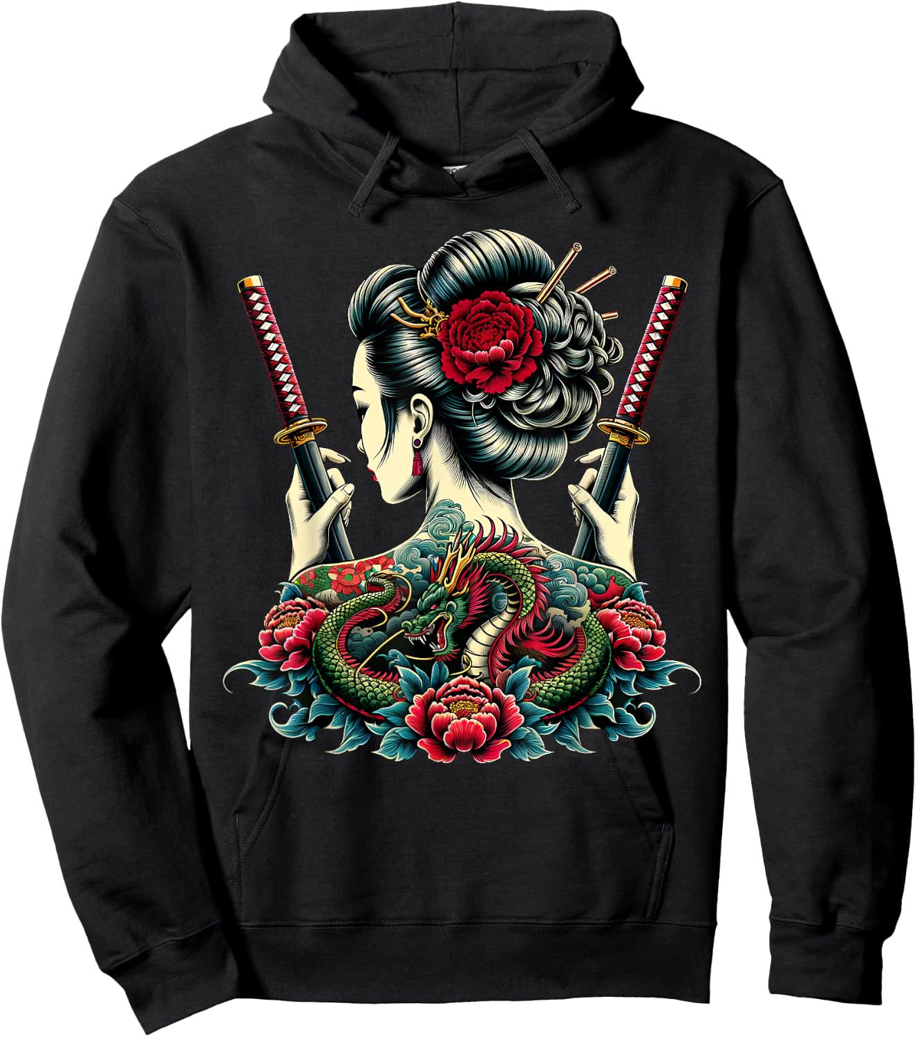 Geisha Warrior, Katana Sword with Peony flower Dragon Tattoo Hoodie - Hoodie | Black