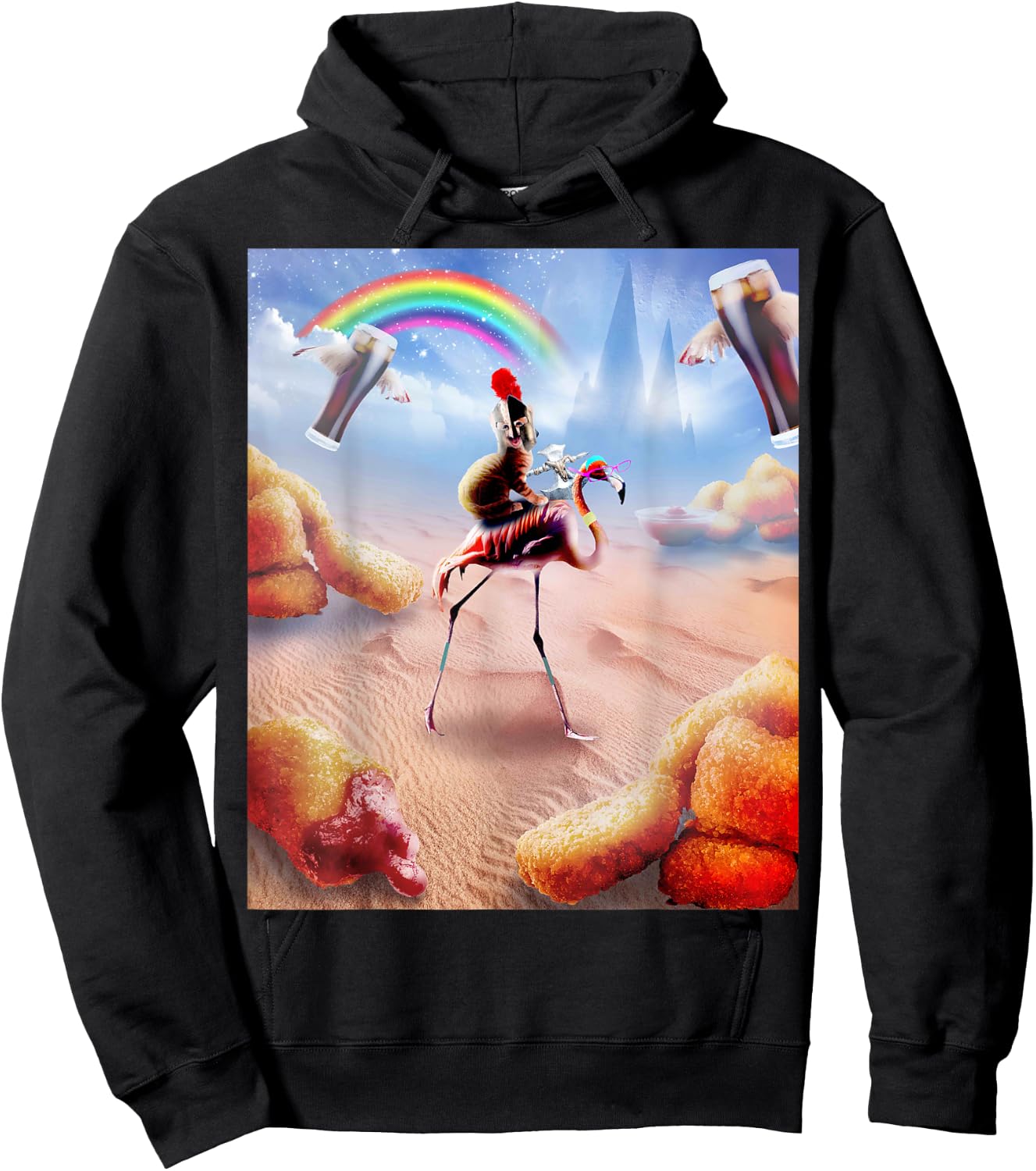 Cat Riding Flamingo With Chicken Nuggets And Cola Hoodie - Hoodie | Black