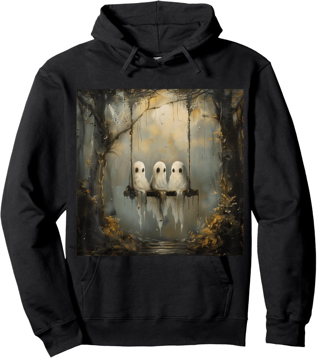 Vintage Floral Ghost On The Swing In Forest Halloween Gothic Hoodie - Hoodie | Black