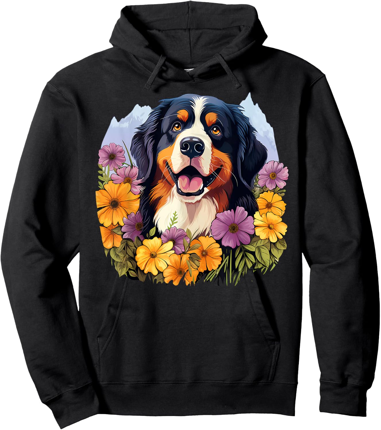 Cute Bernese Mountain Dog in Spring Flower Garden Puppy Men Women Girls Kids Hoodie - Hoodie | Black