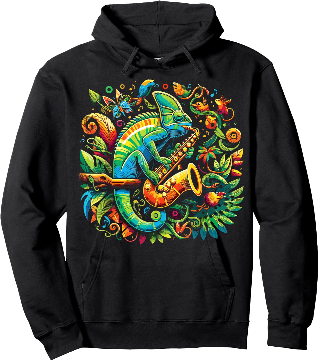 Colorful Chameleon Playing Saxophone | Sax Music Art Hoodie - Hoodie | Black