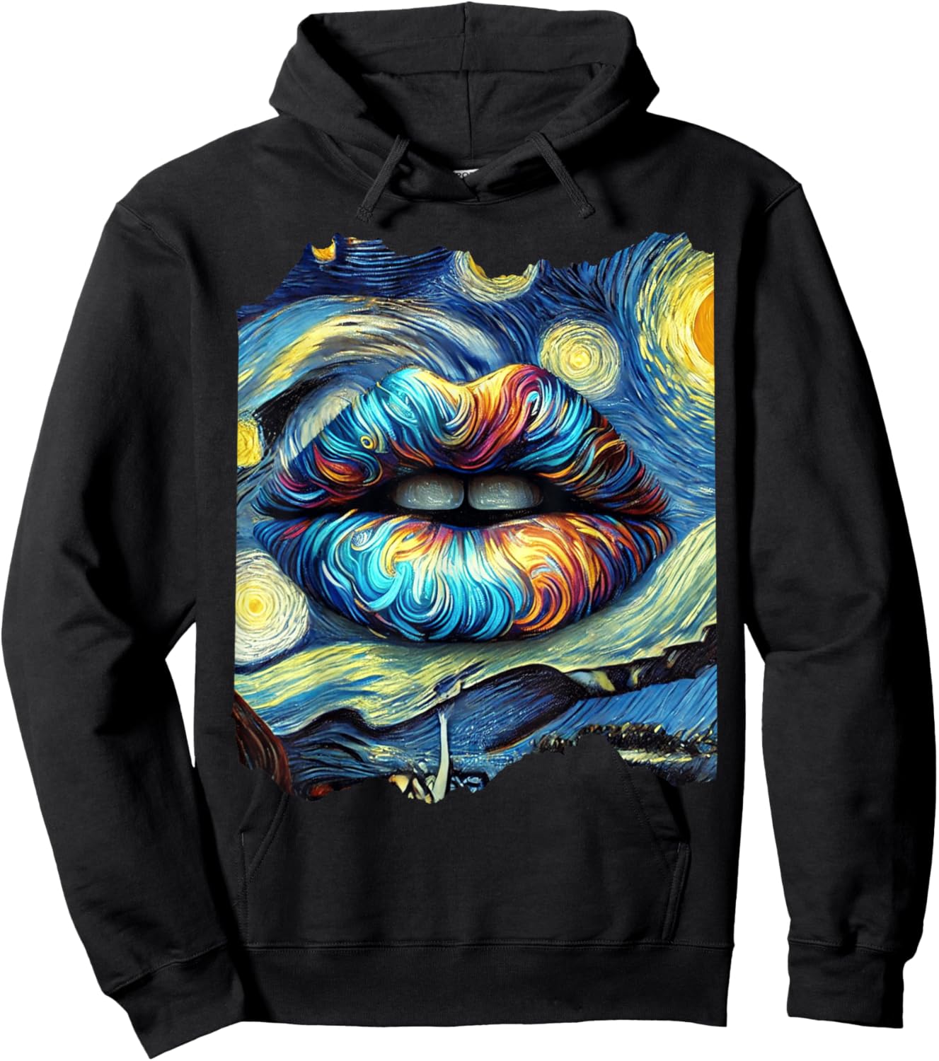 Lips Fashion Van Gogh Art Painting Star Sky Night Lips Hoodie - Hoodie | Black