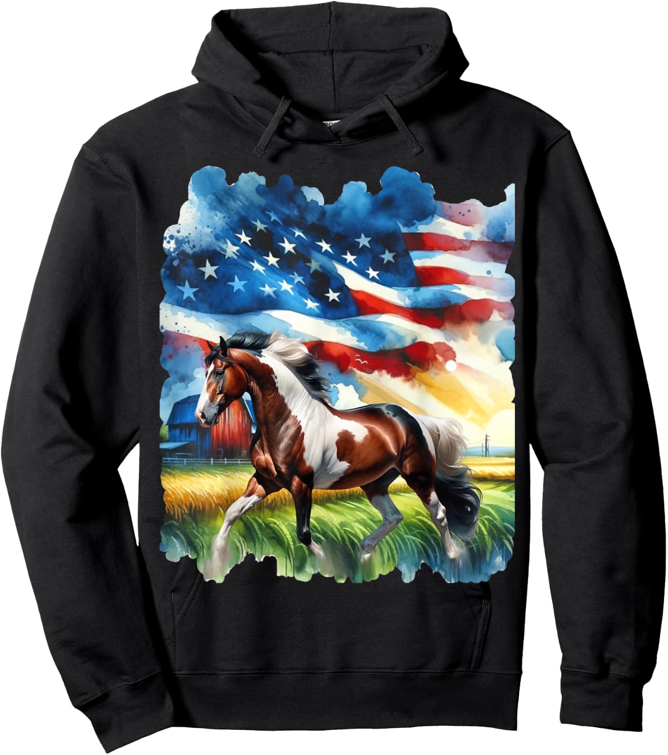 Patriotic Country Paint Horse with American Flag Women Kids Men Hoodie - Hoodie | Black