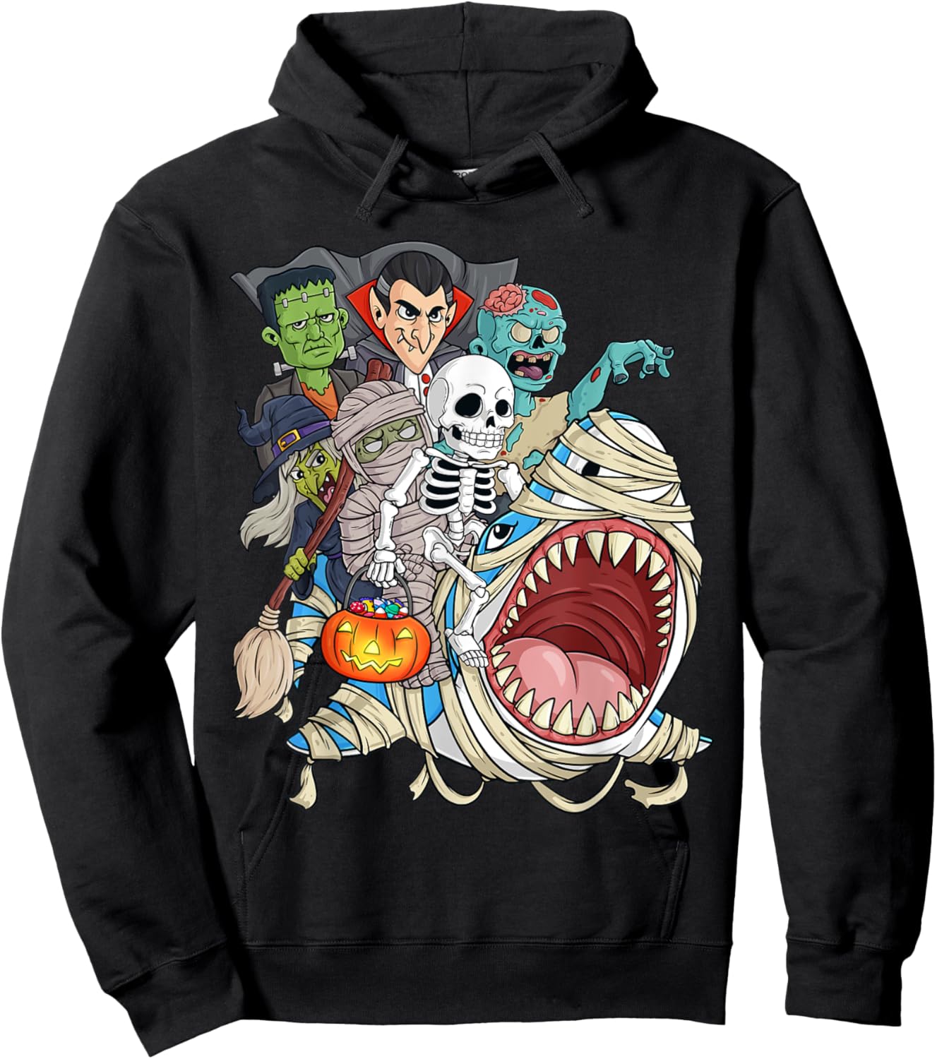 Skeleton Zombie Riding Mummy Shark Vampire Halloween Pumpkin Hoodie - Hoodie | Black