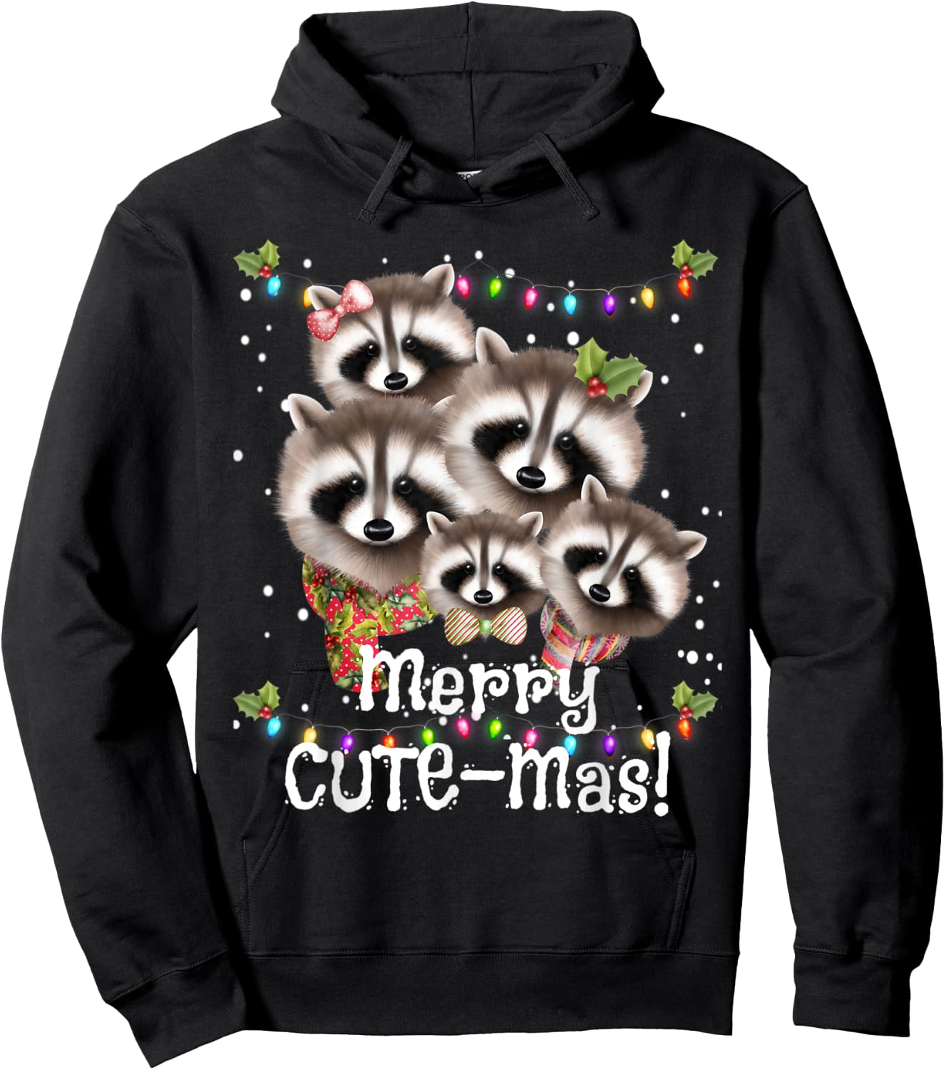 Funny Racoon MERRY CUTE-Mas Racoon Family Christmas Pajamas Hoodie - Hoodie | Black