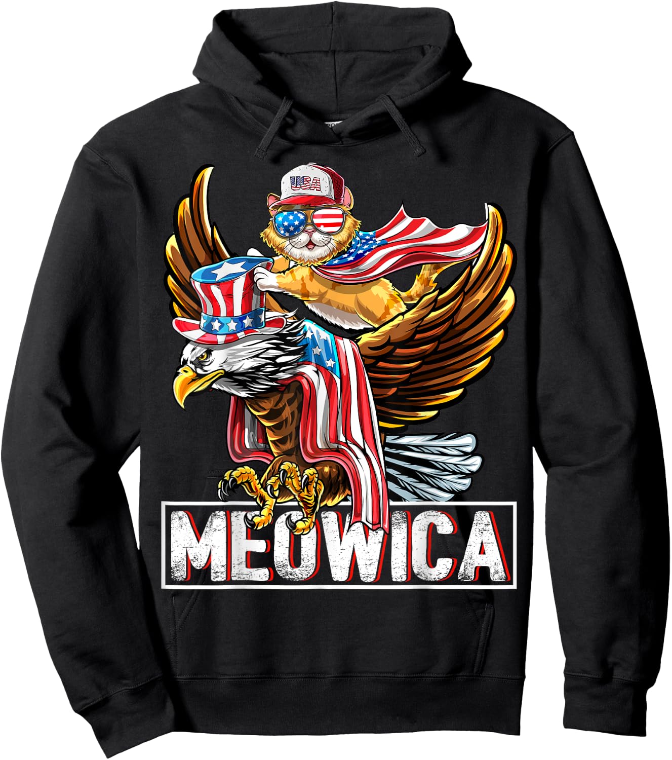 Meowica Cat Bald Eagle 4th of July Patriotic American Flag Women Kids Men Hoodie - Hoodie | Black