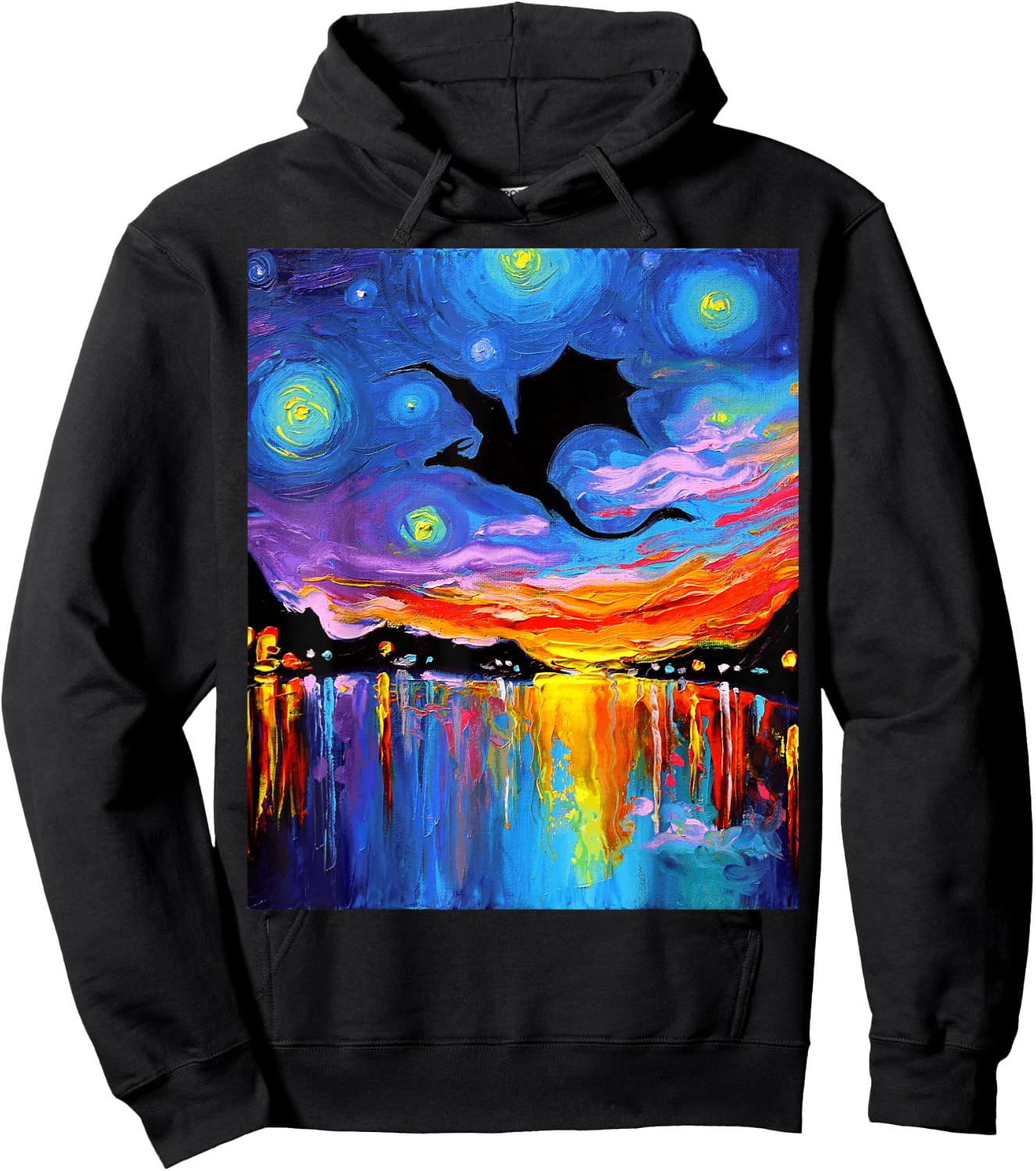 Flying Dragon Silhouette Sunset Starry Night Fantasy Art Hoodie - Hoodie | Black