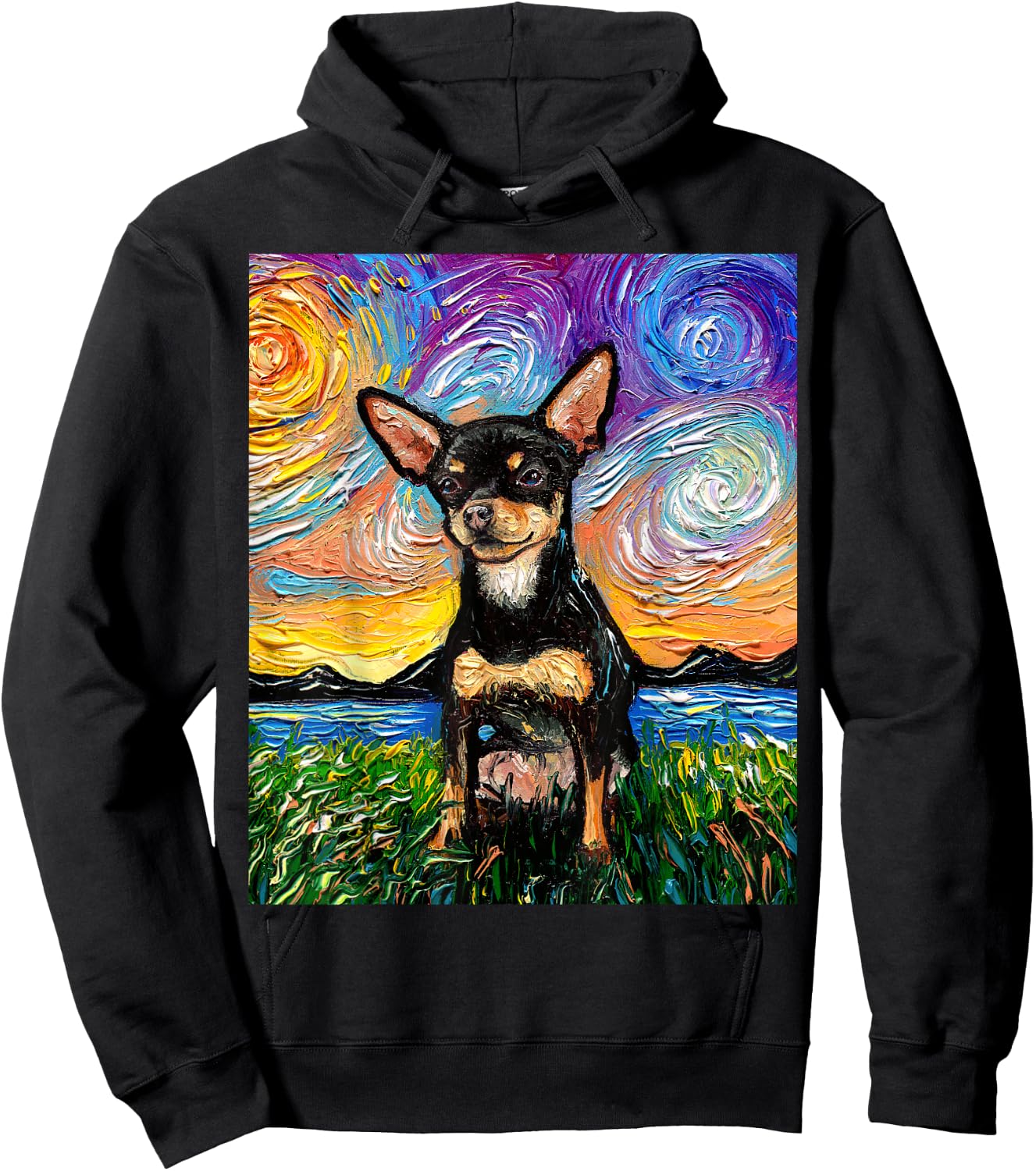 Black and Tan Smooth Chihuahua Starry Night Dog Artwork Hoodie - Hoodie | Black