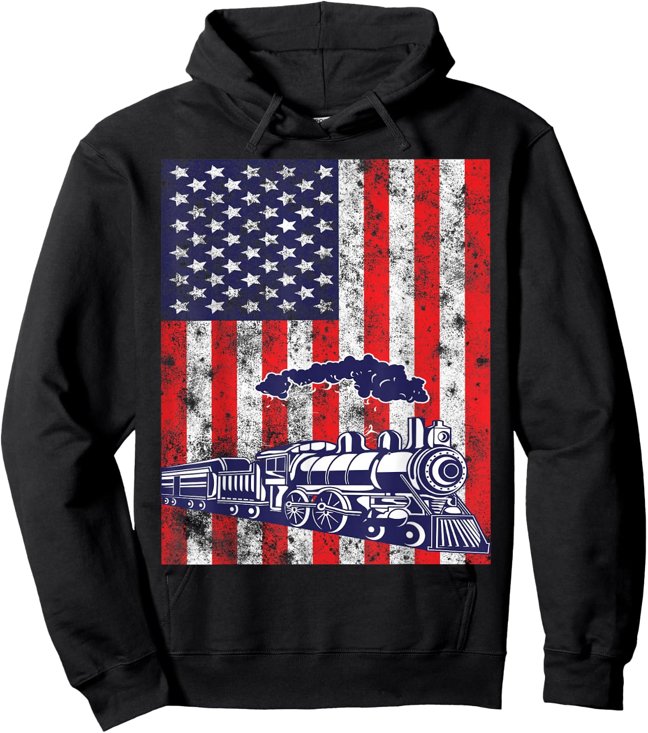 Train Locomotive Engine USA American Flag 4th of July Hoodie - Hoodie | Black