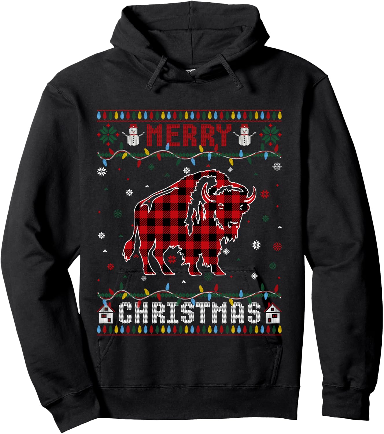 Funny Xmas Lighting Bison Lovers Ugly Christmas Sweater Hoodie - Hoodie | Black