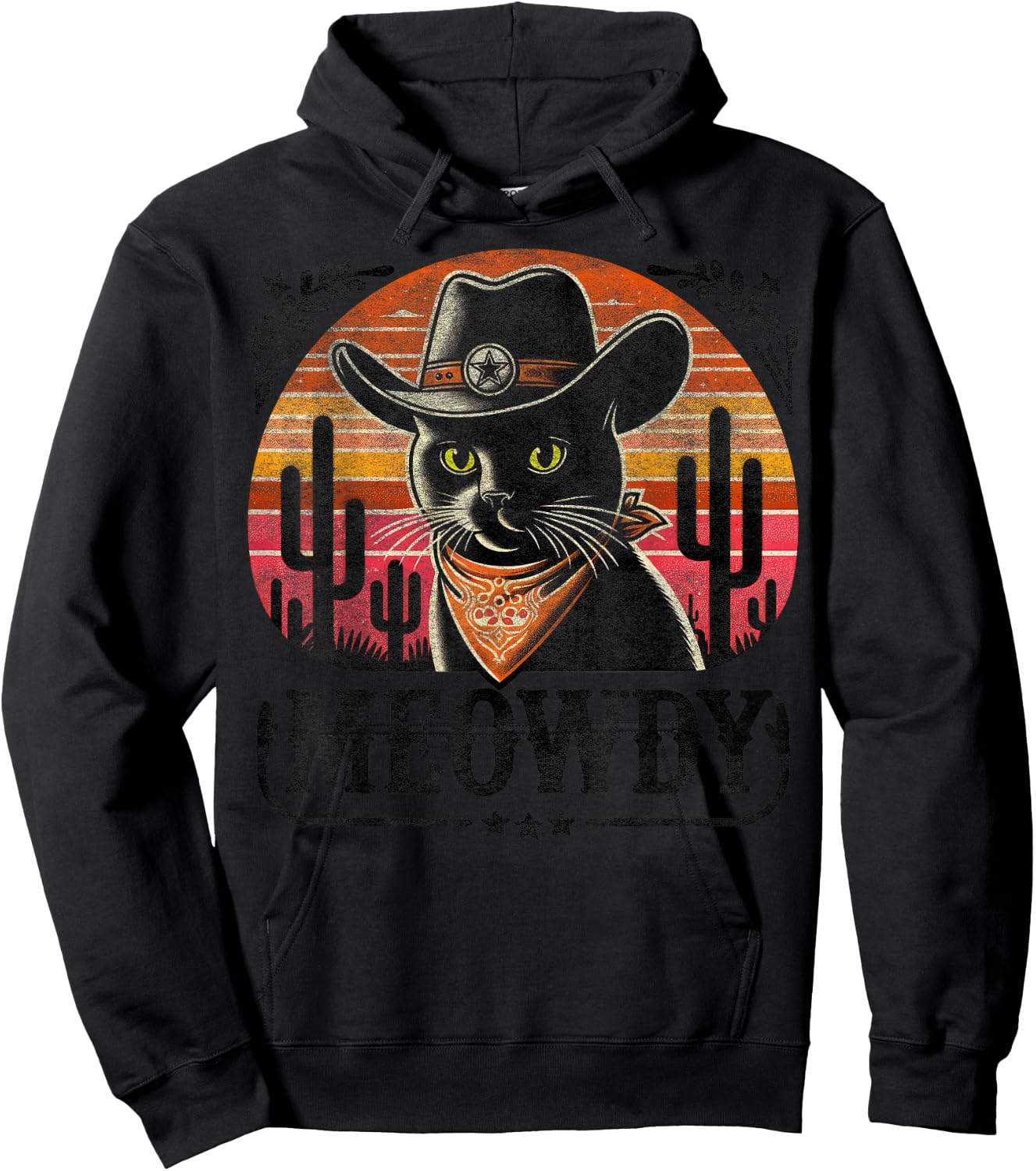 Meowdy Black Cat Retro Sunset – Howdy Funny Country Western Hoodie - Hoodie | Black