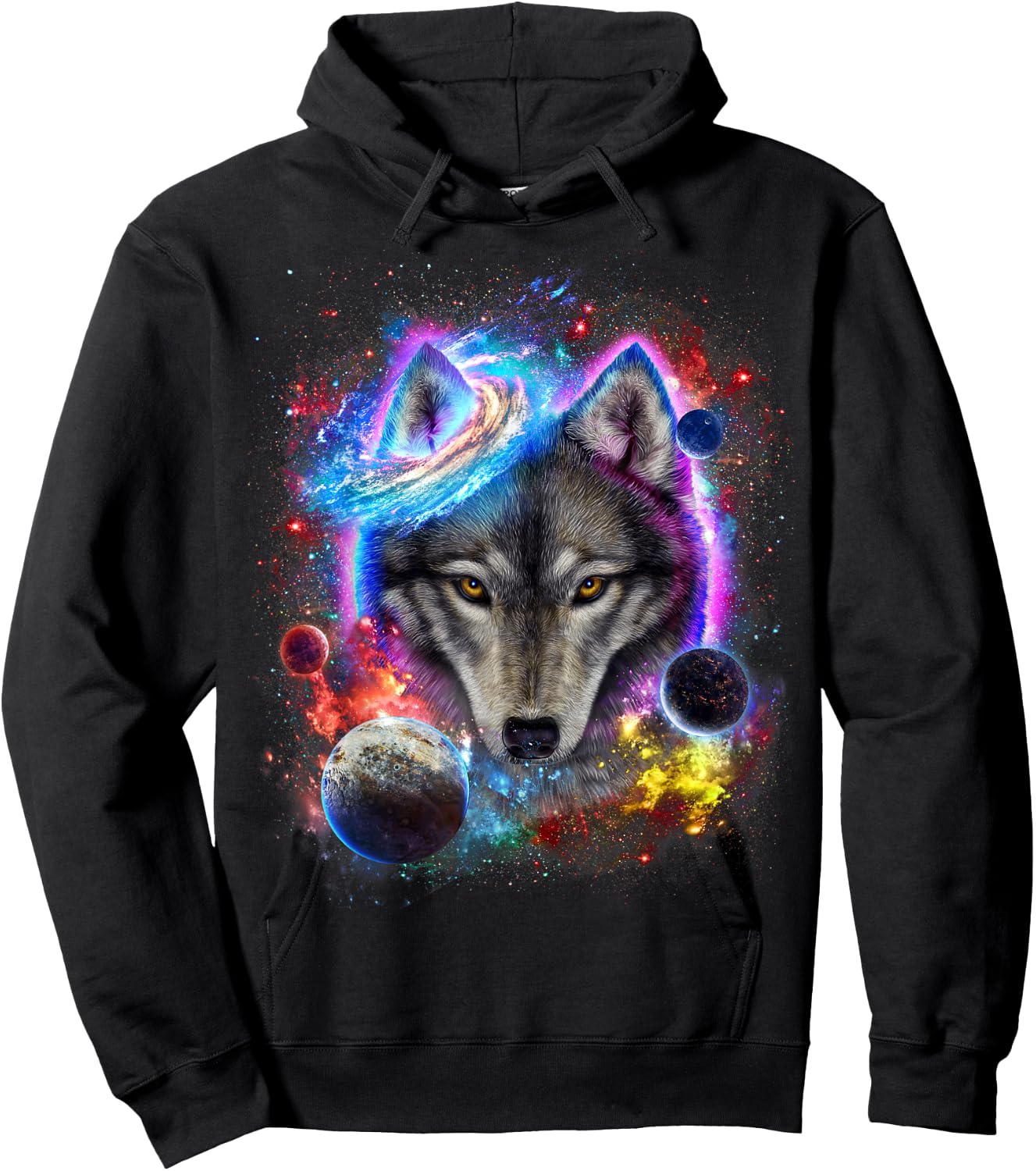 Cosmic Wolf Surrounded by Planet and Stars in Galactic Scene Hoodie - Hoodie | Black